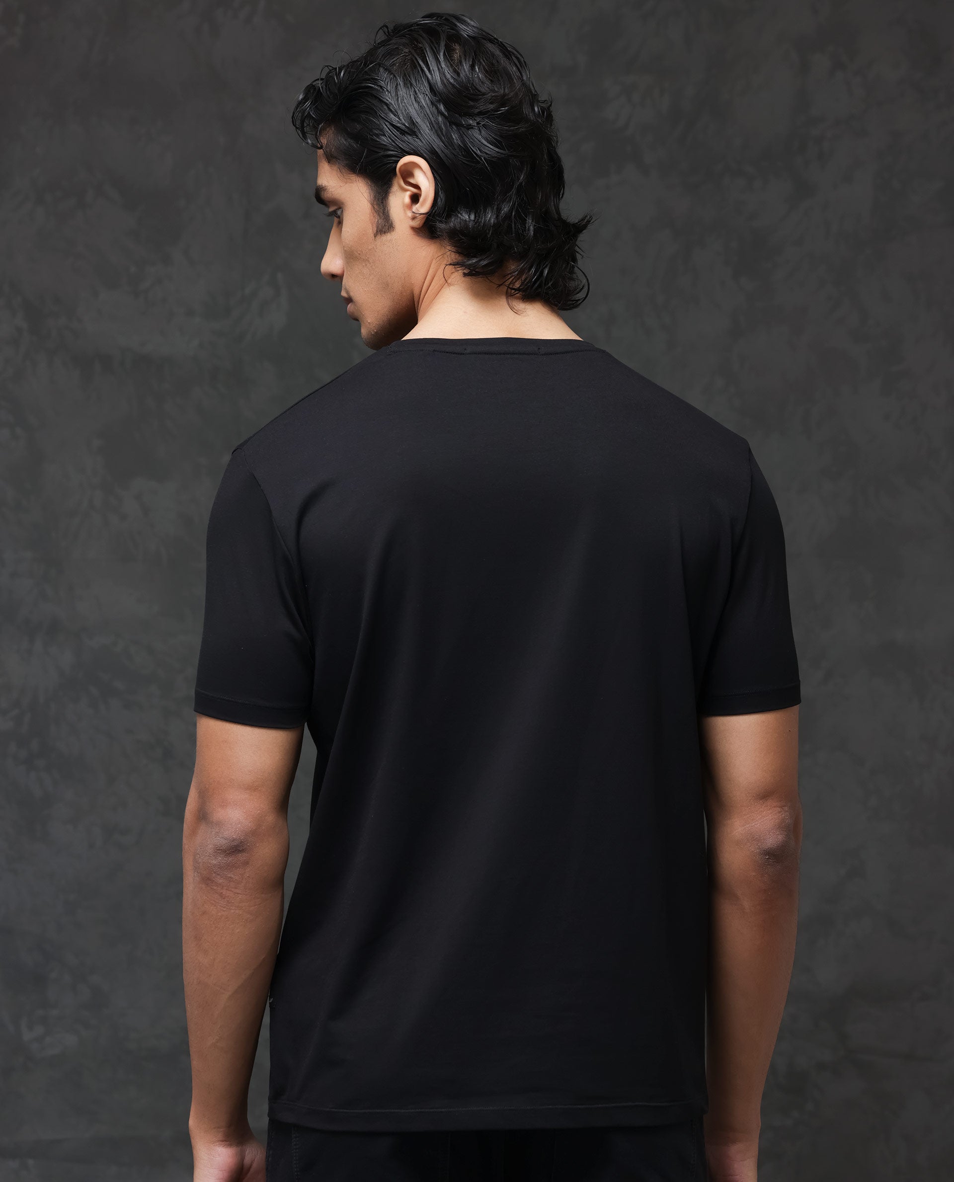 Rare Rabbit Men's Maisel Black Cotton Lycra Fabric Half Sleeves Graphic Print T-Shirt