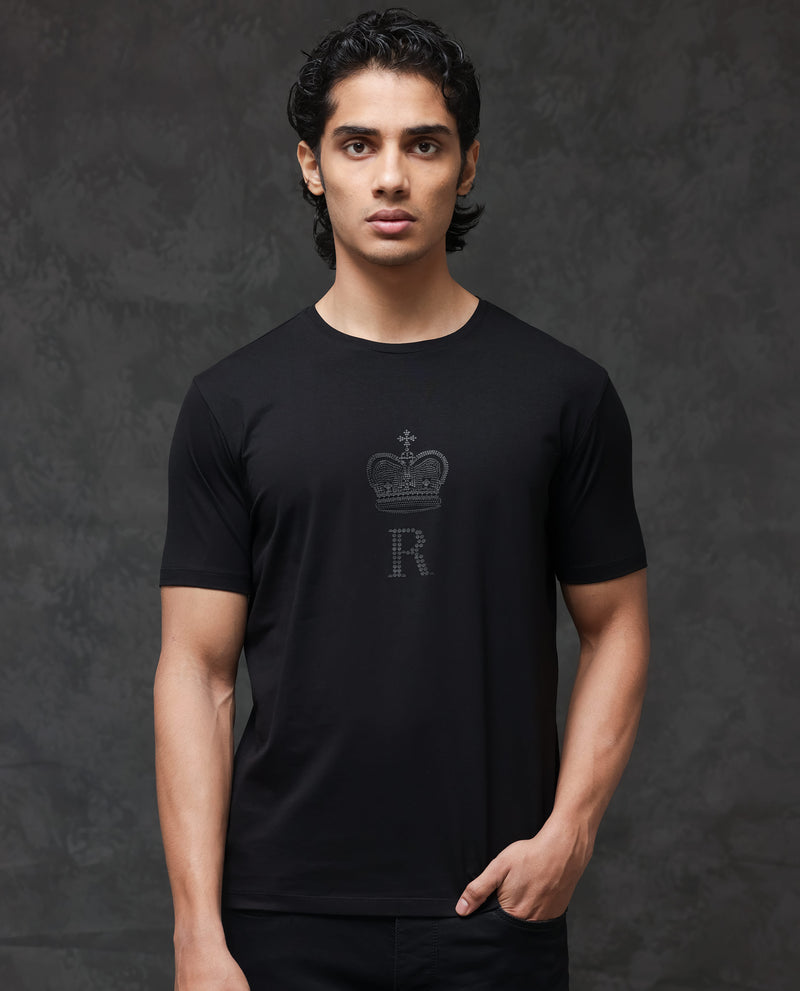 Rare Rabbit Men's Maisel Black Cotton Lycra Fabric Half Sleeves Graphic Print T-Shirt