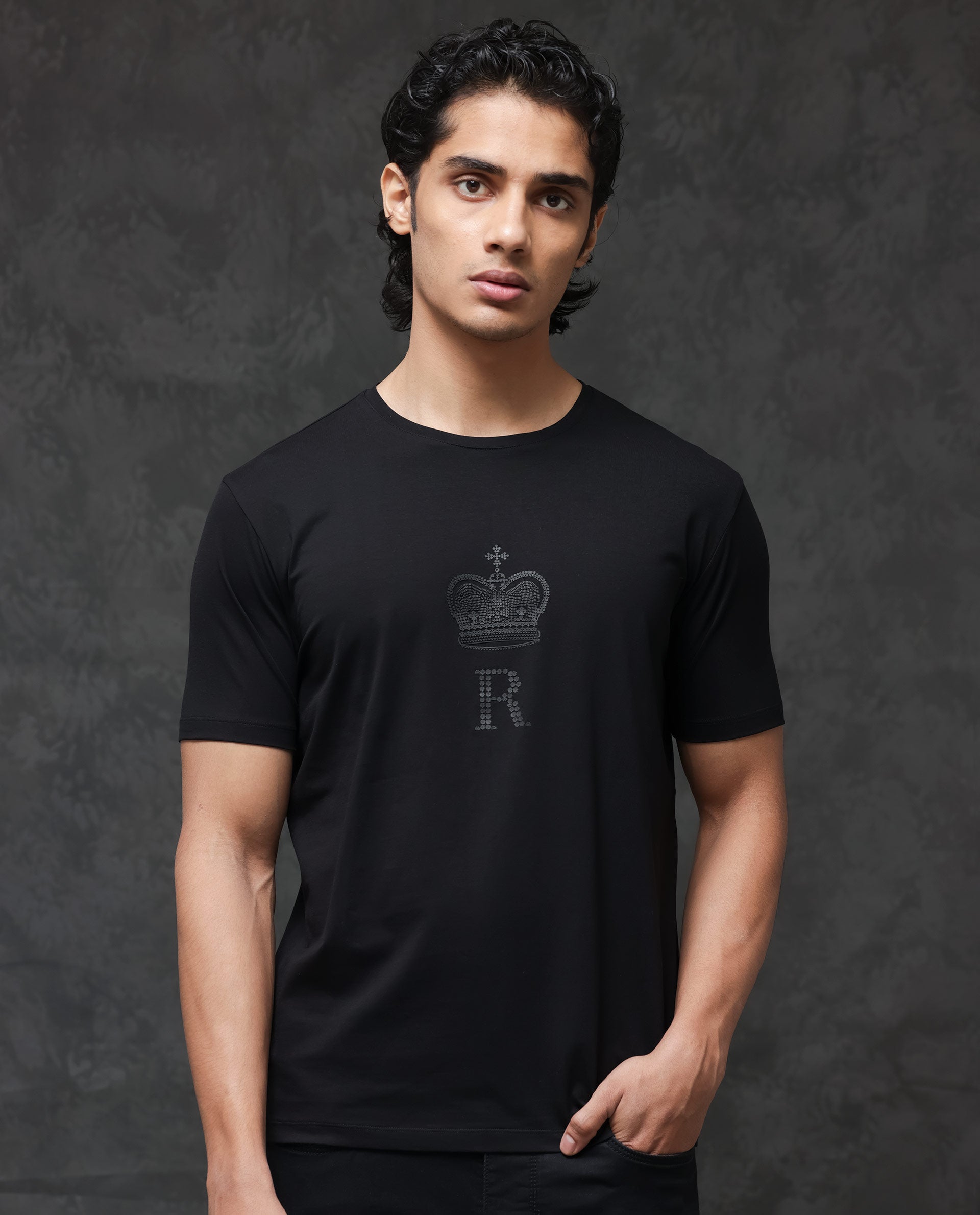 Rare Rabbit Men's Maisel Black Cotton Lycra Fabric Half Sleeves Graphic Print T-Shirt