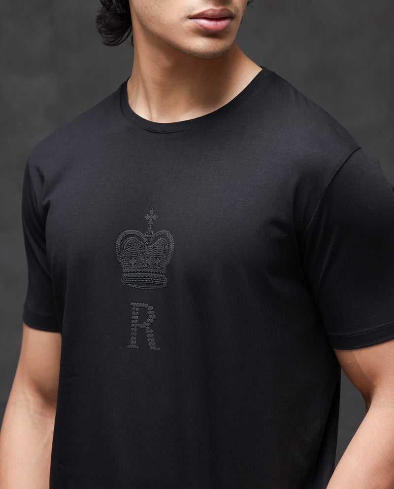 Rare Rabbit Men's Maisel Black Cotton Lycra Fabric Half Sleeves Graphic Print T-Shirt