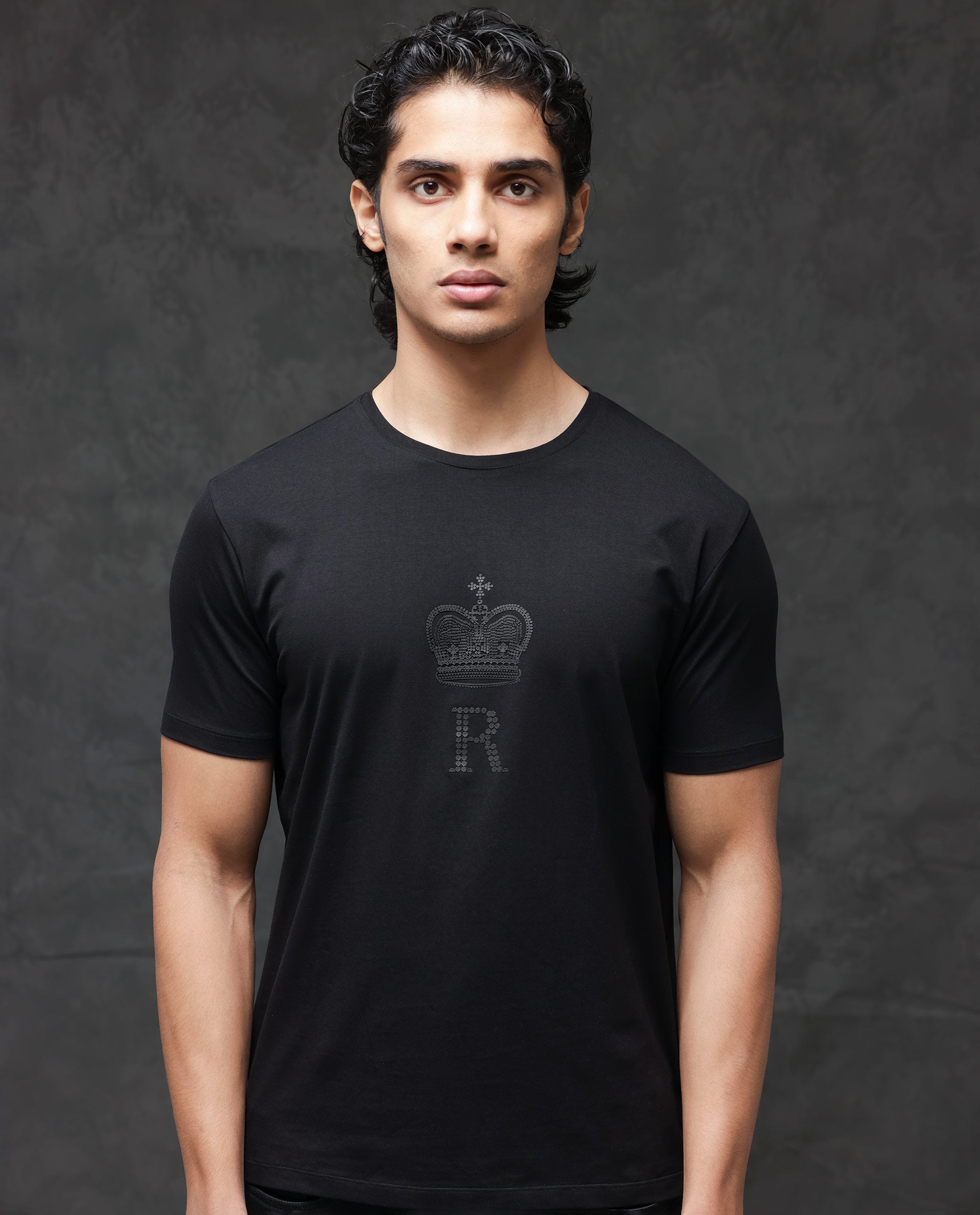 Rare Rabbit Men's Maisel Black Cotton Lycra Fabric Half Sleeves Graphic Print T-Shirt