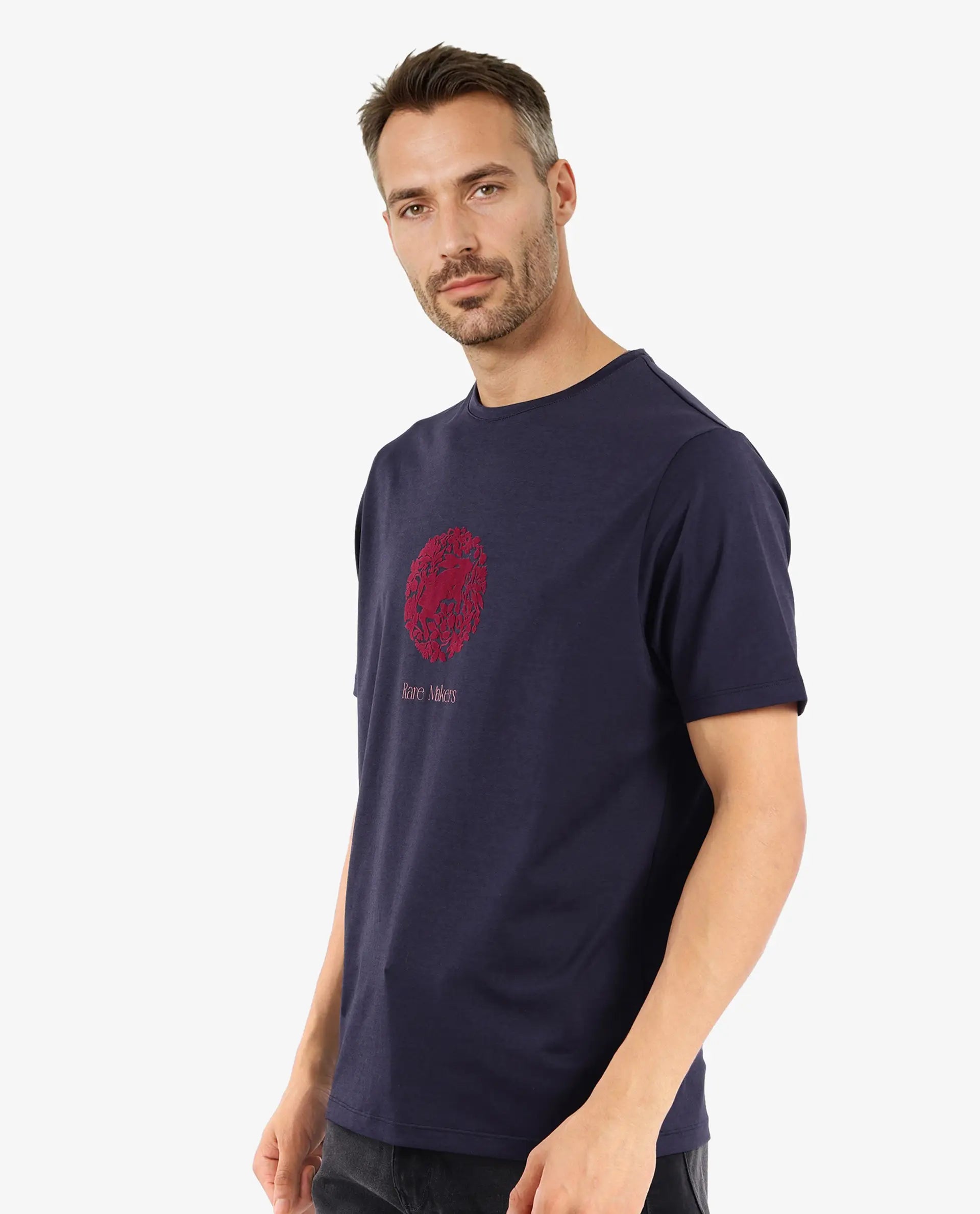 Rare Rabbit Men Make Navy Short Sleeve Crew Neck Regular Fit Graphic Print T-Shirt