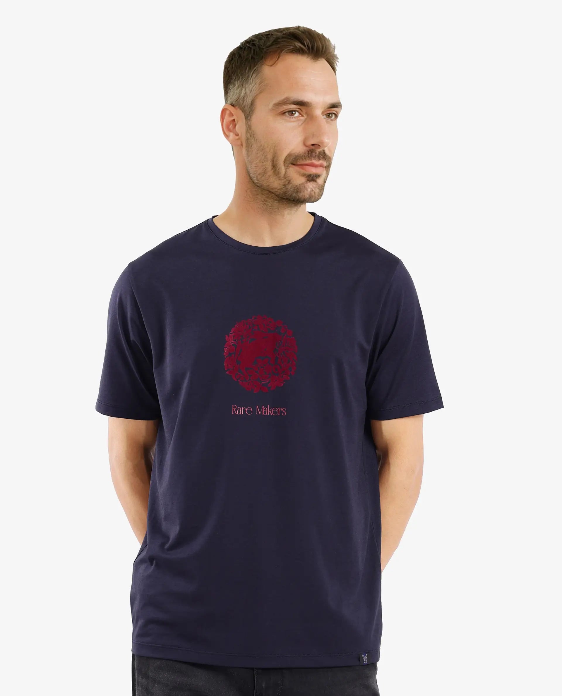 Rare Rabbit Men Make Navy Short Sleeve Crew Neck Regular Fit Graphic Print T-Shirt