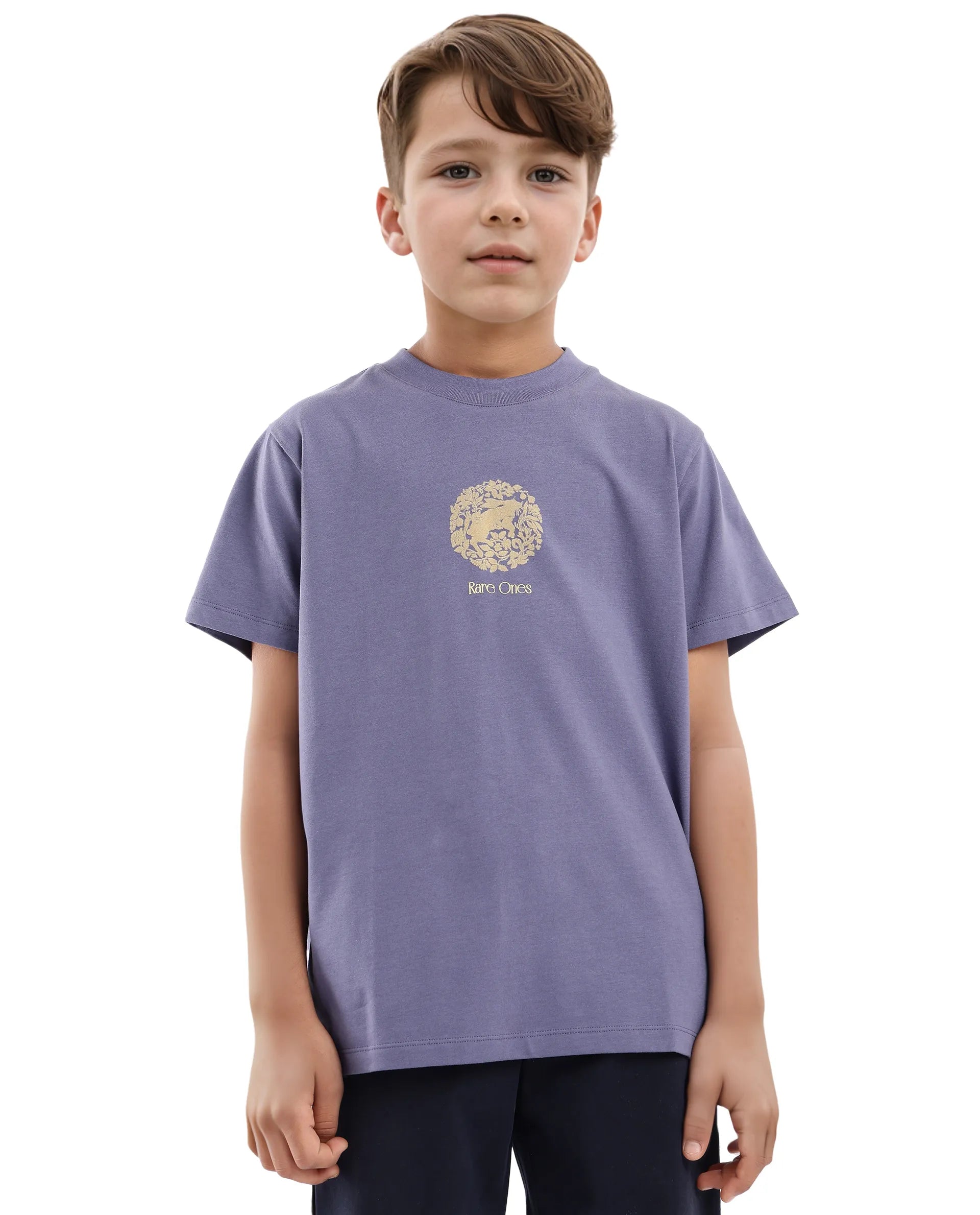 Rare Ones Kids Makes Purple Cotton Half Sleeves Crew Neck Embroidered T-Shirt