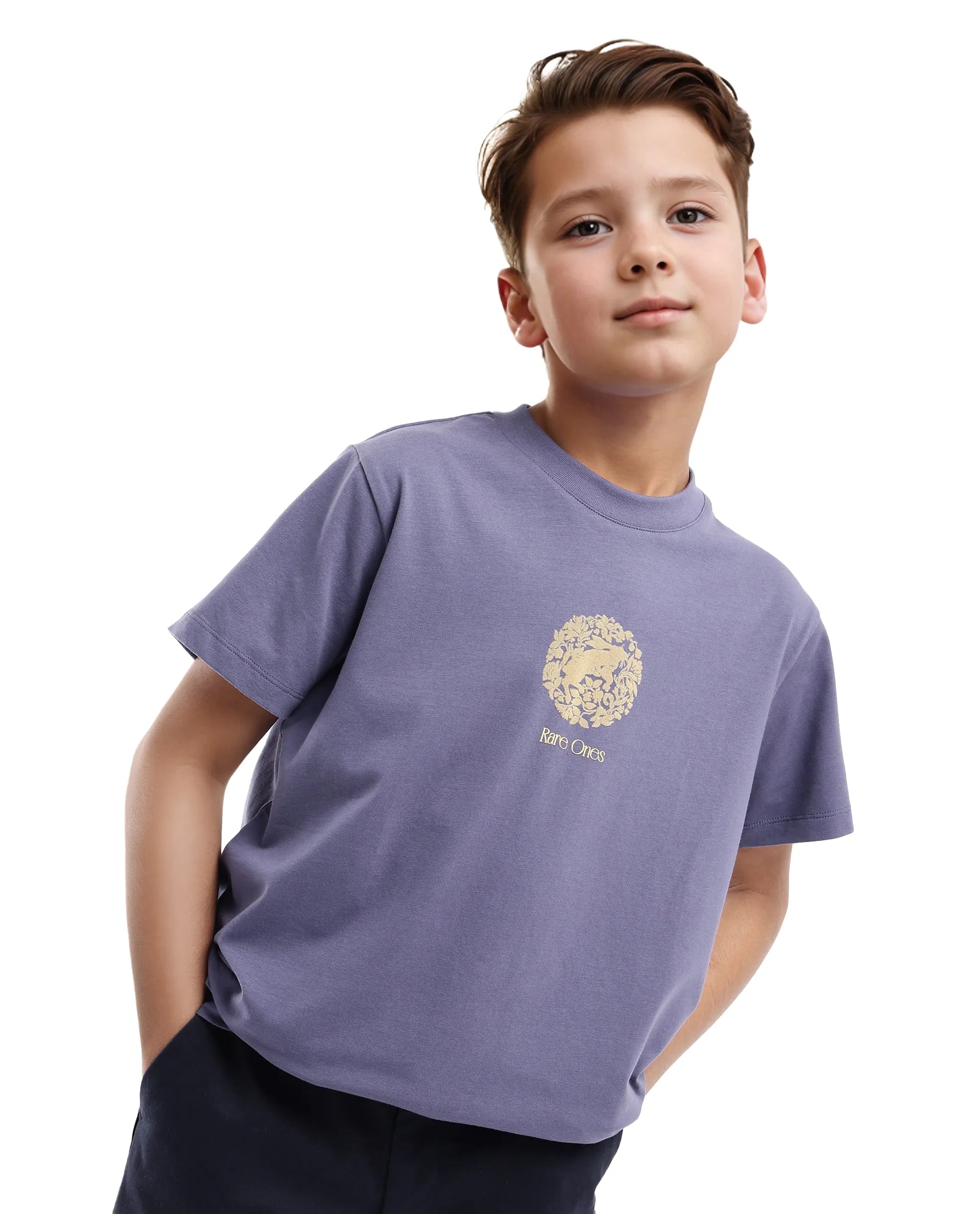 Rare Ones Kids Makes Purple Cotton Half Sleeves Crew Neck Embroidered T-Shirt