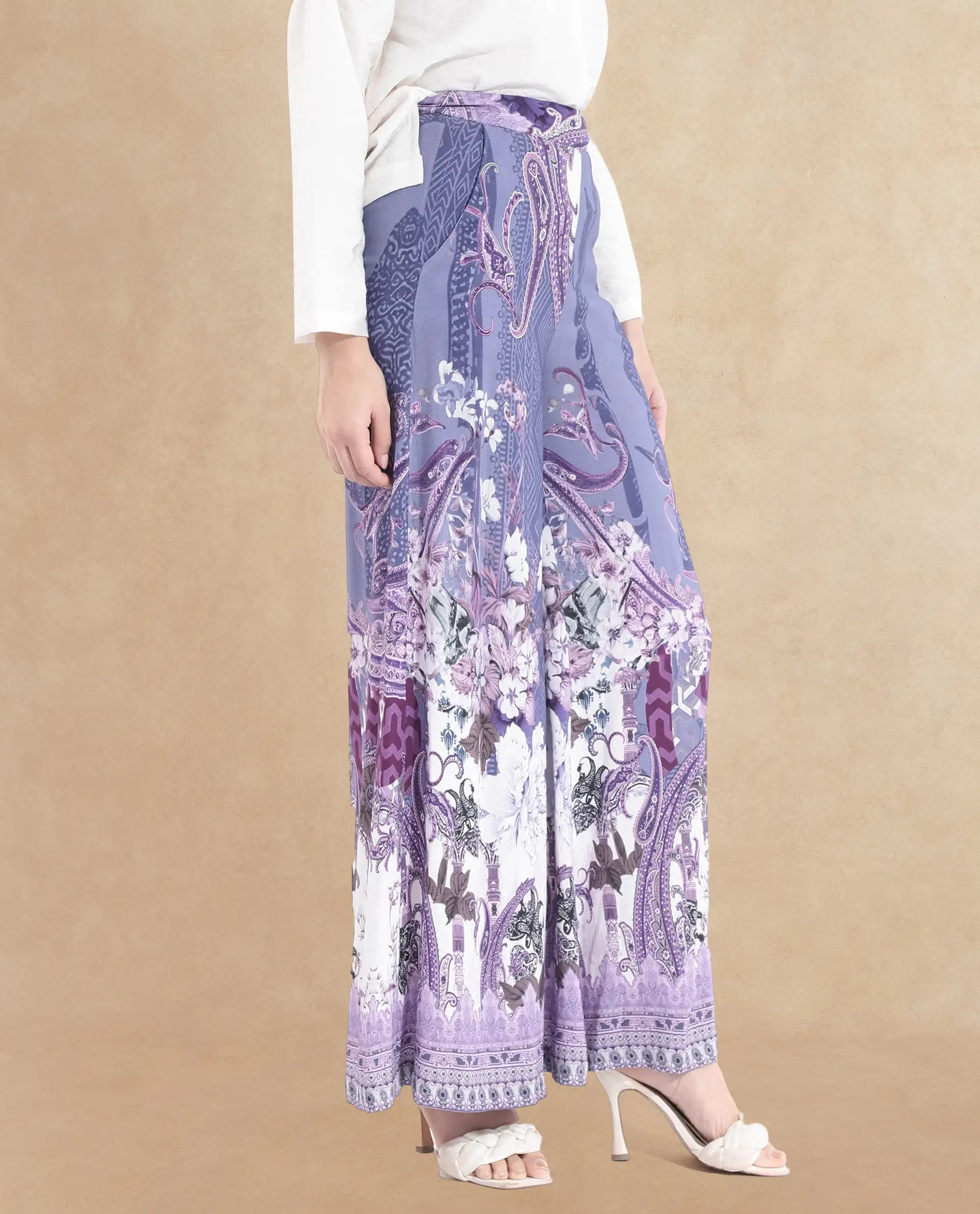 Rareism Women's Makiato Dusky Purple Viscose Blend Floral Print Ankle Length Flared Trouser