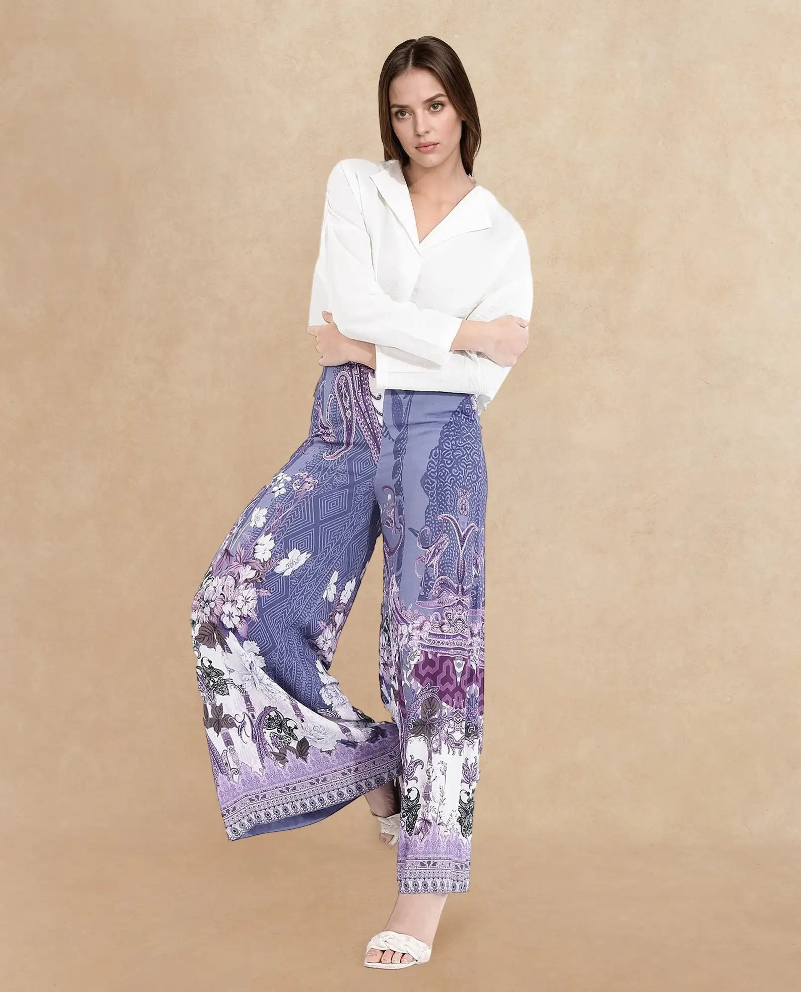 Rareism Women's Makiato Dusky Purple Viscose Blend Floral Print Ankle Length Flared Trouser