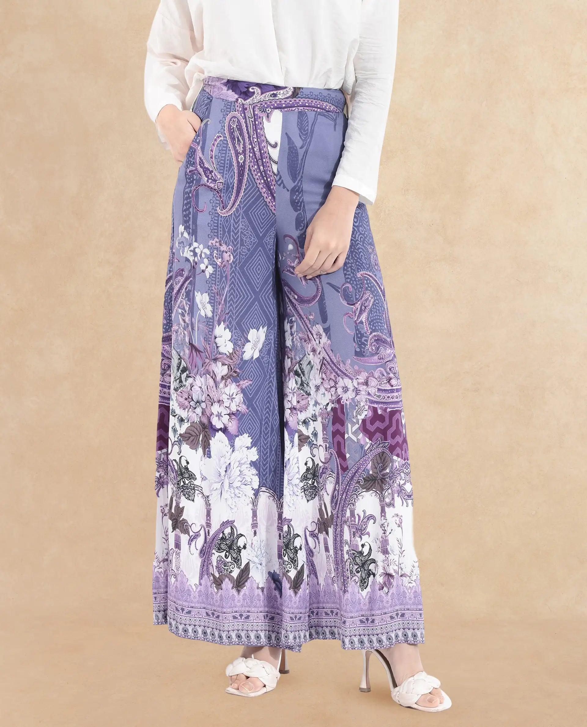 Rareism Women's Makiato Dusky Purple Viscose Blend Floral Print Ankle Length Flared Trouser