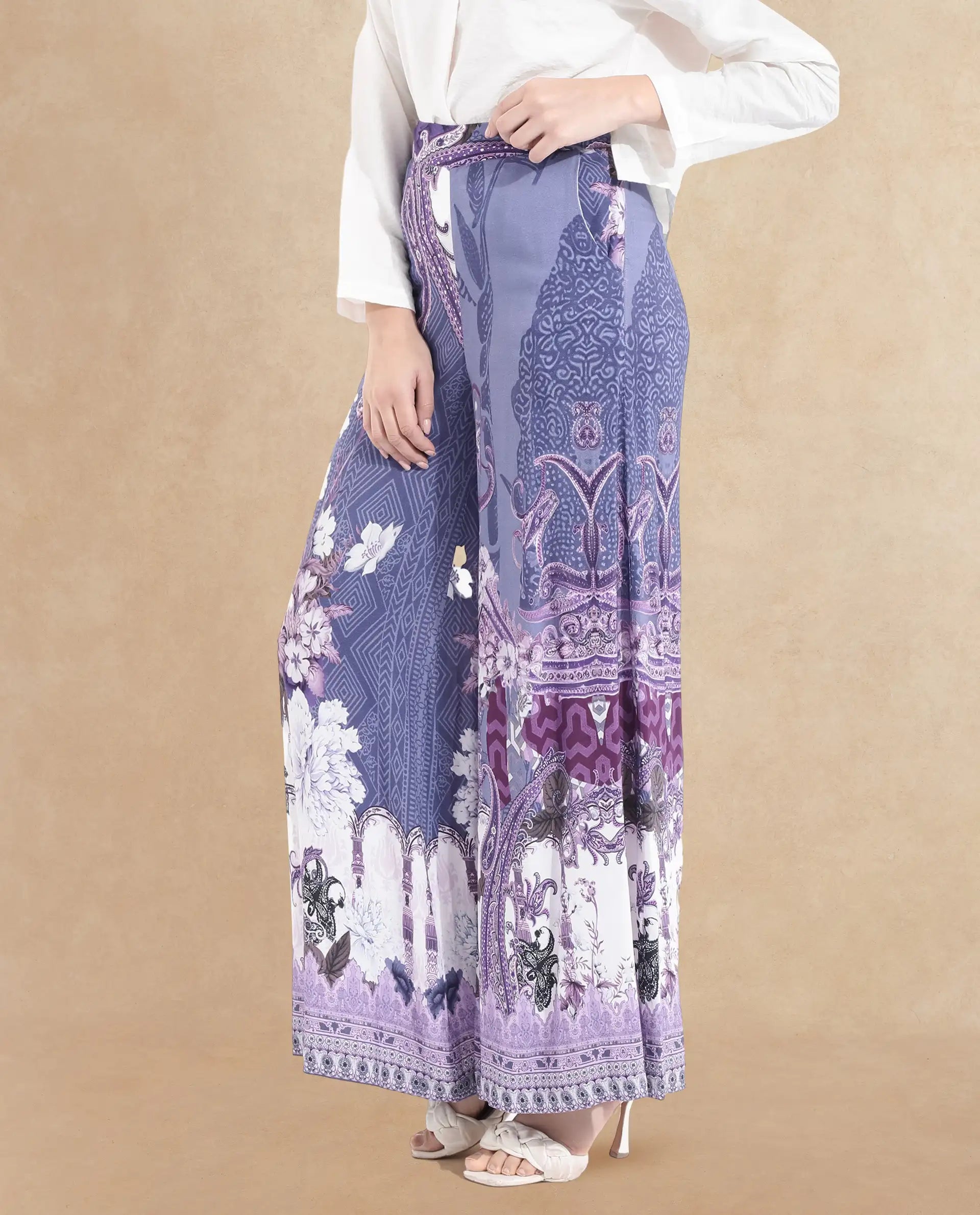 Rareism Women's Makiato Dusky Purple Viscose Blend Floral Print Ankle Length Flared Trouser