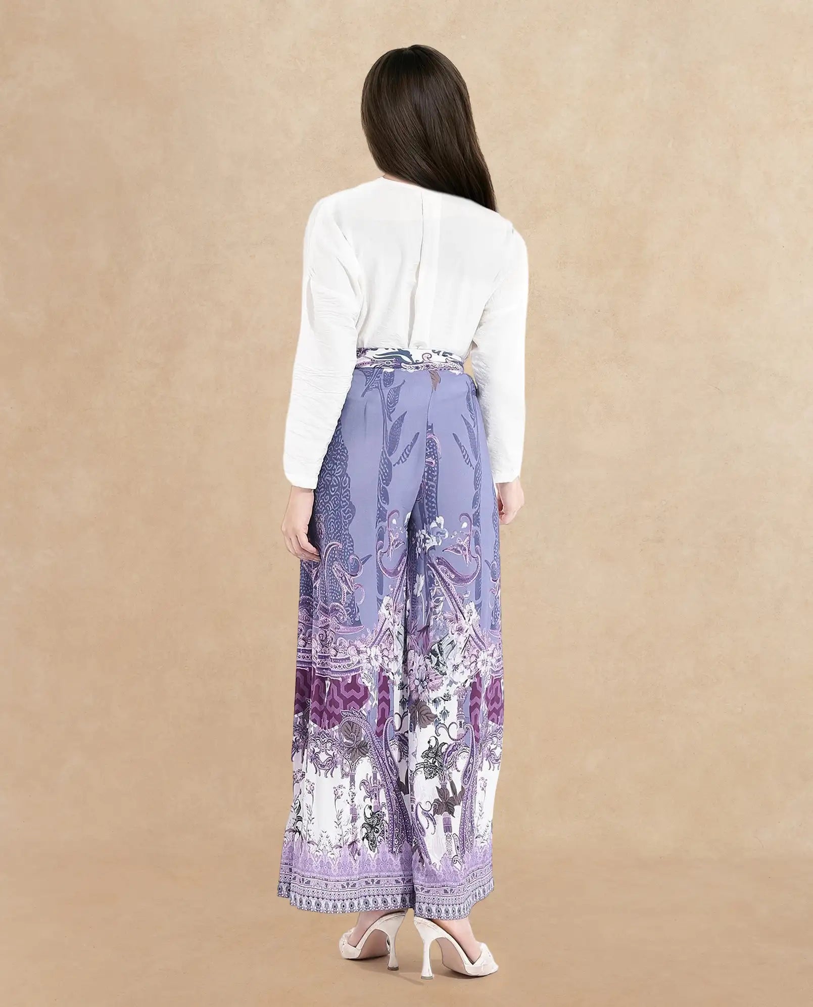 Rareism Women's Makiato Dusky Purple Viscose Blend Floral Print Ankle Length Flared Trouser