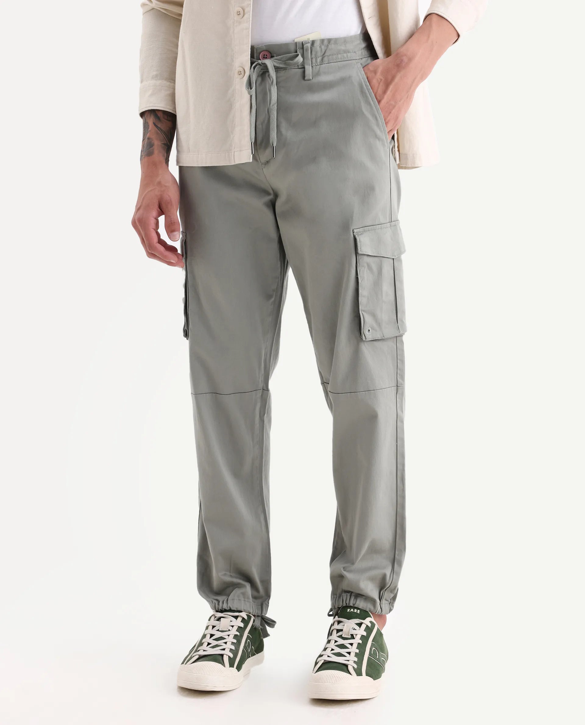 Rare Rabbit Men's Maks Dusky Olive Cotton Plain Regular Fit Trouser