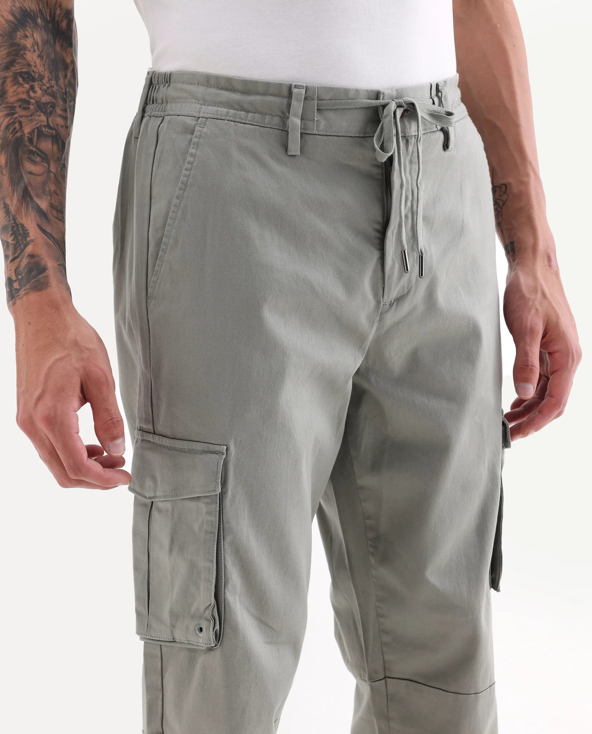 Rare Rabbit Men's Maks Dusky Olive Cotton Plain Regular Fit Trouser