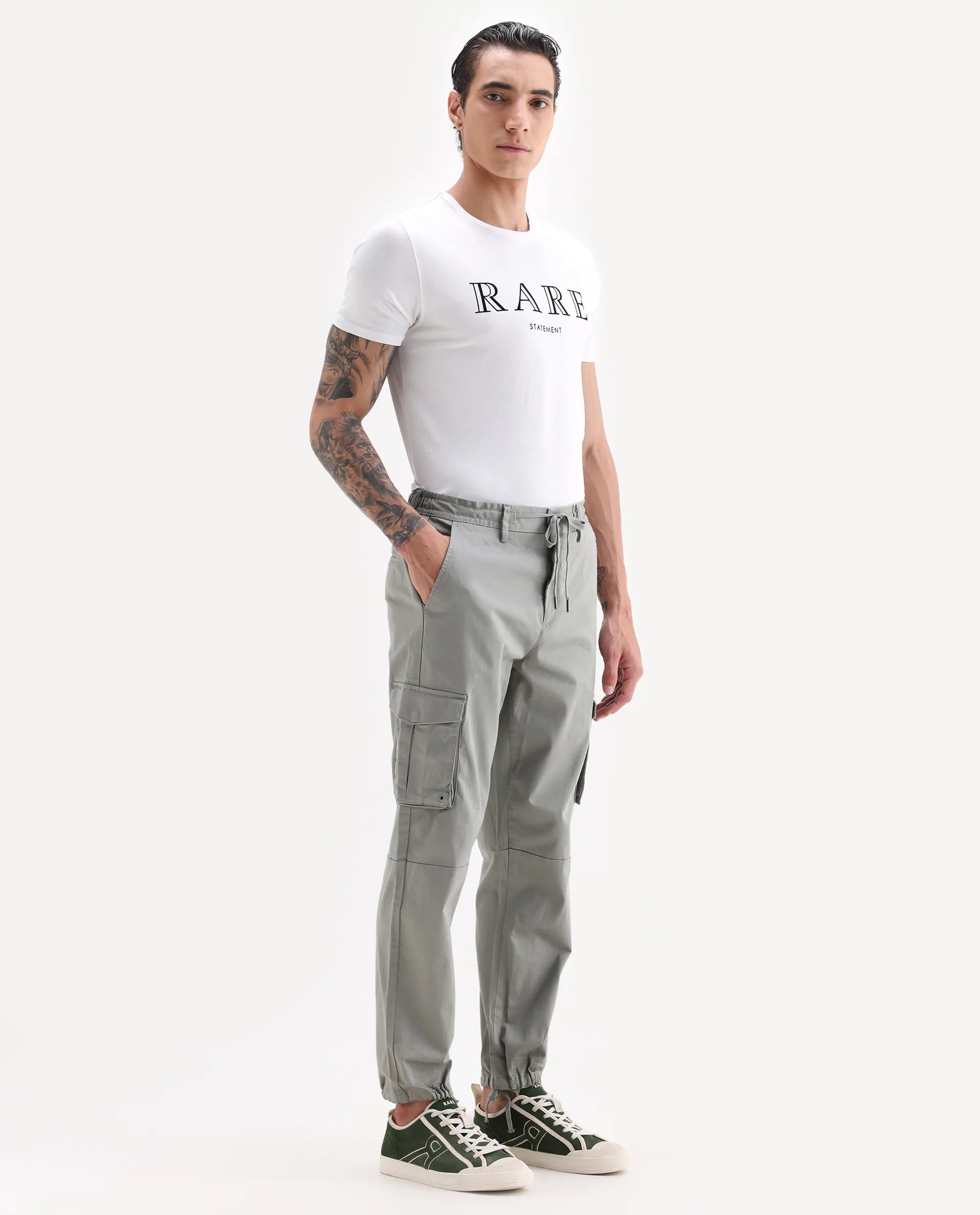 Rare Rabbit Men's Maks Dusky Olive Cotton Plain Regular Fit Trouser