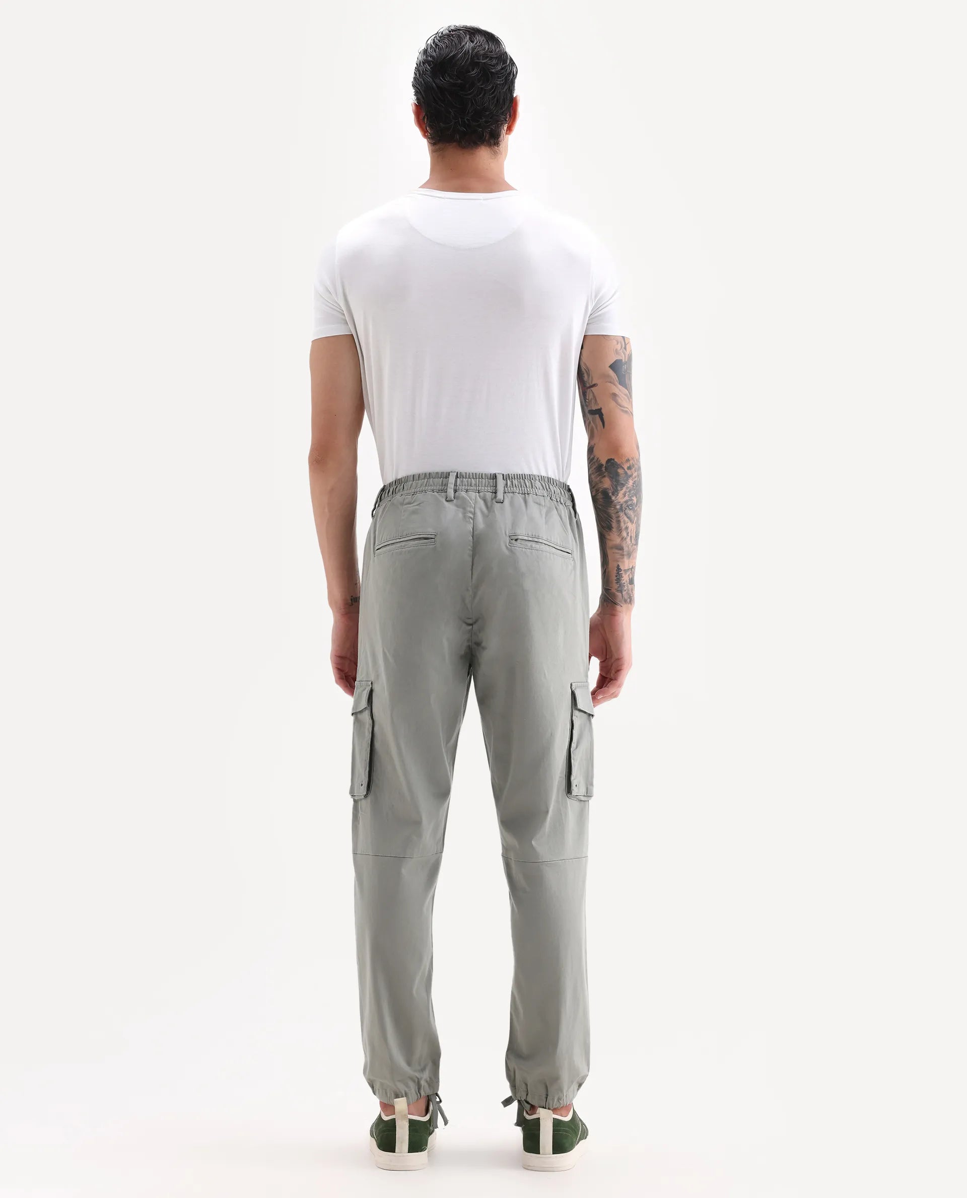 Rare Rabbit Men's Maks Dusky Olive Cotton Plain Regular Fit Trouser