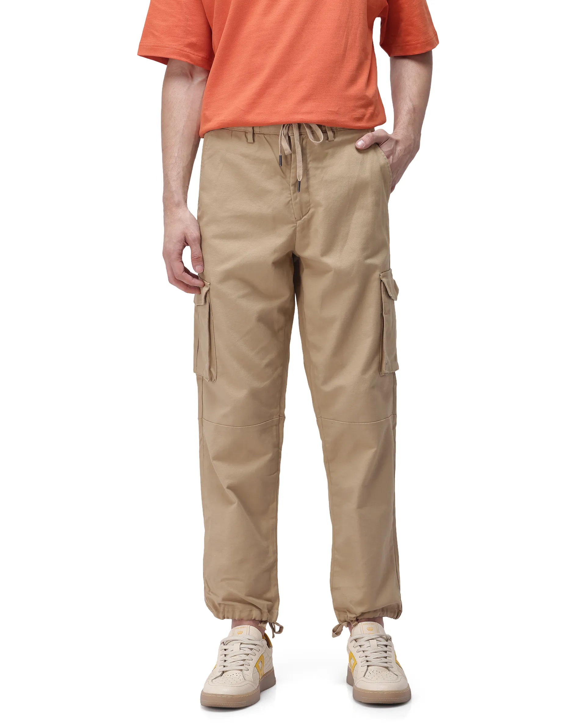 Rare Rabbit Men's Maks Khaki Cotton Plain Regular Fit Trouser