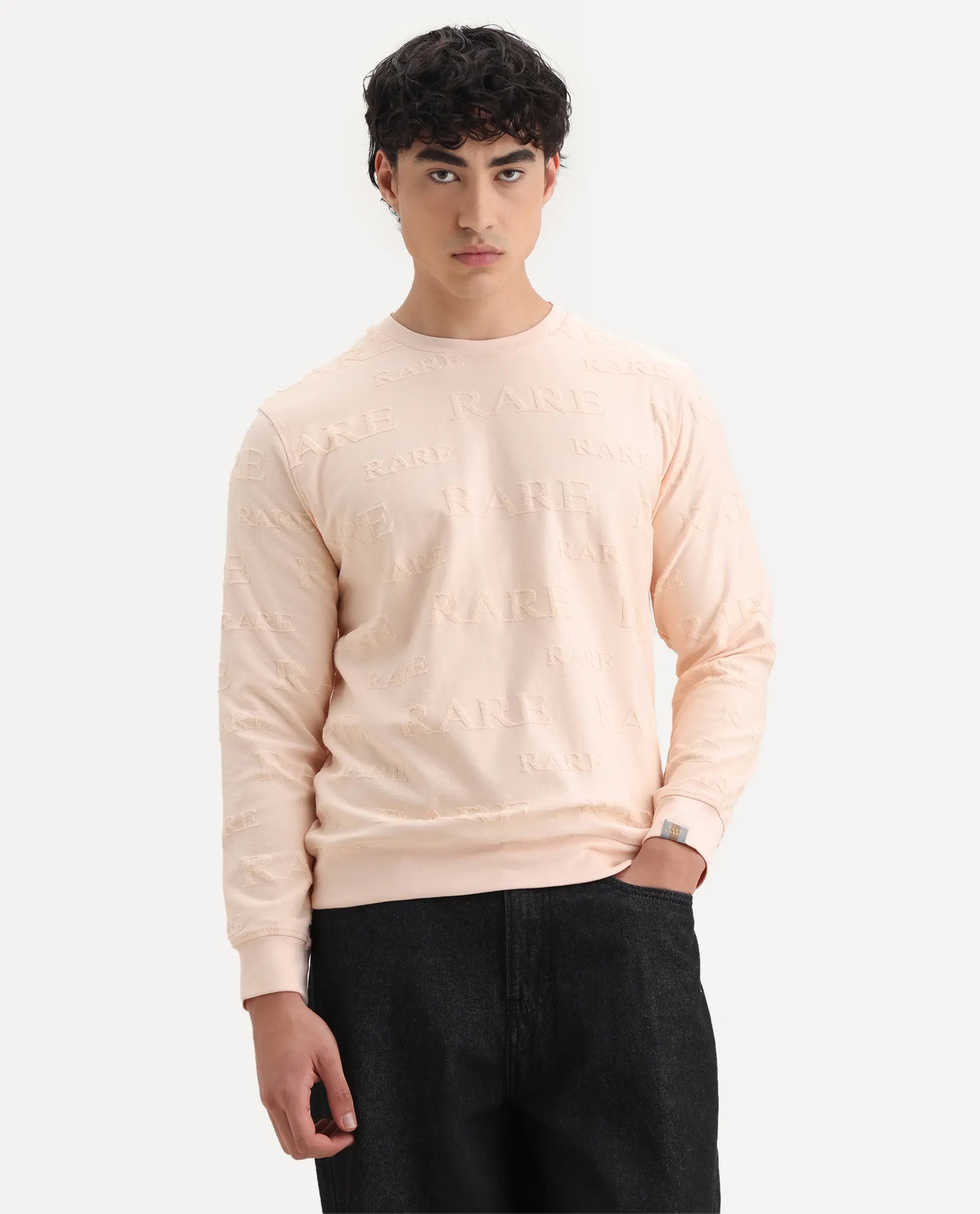Rare Rabbit Men's Malaga Peach Cotton Embroidered Regular Fit Full Sleeve Crew Neck Sweatshirt