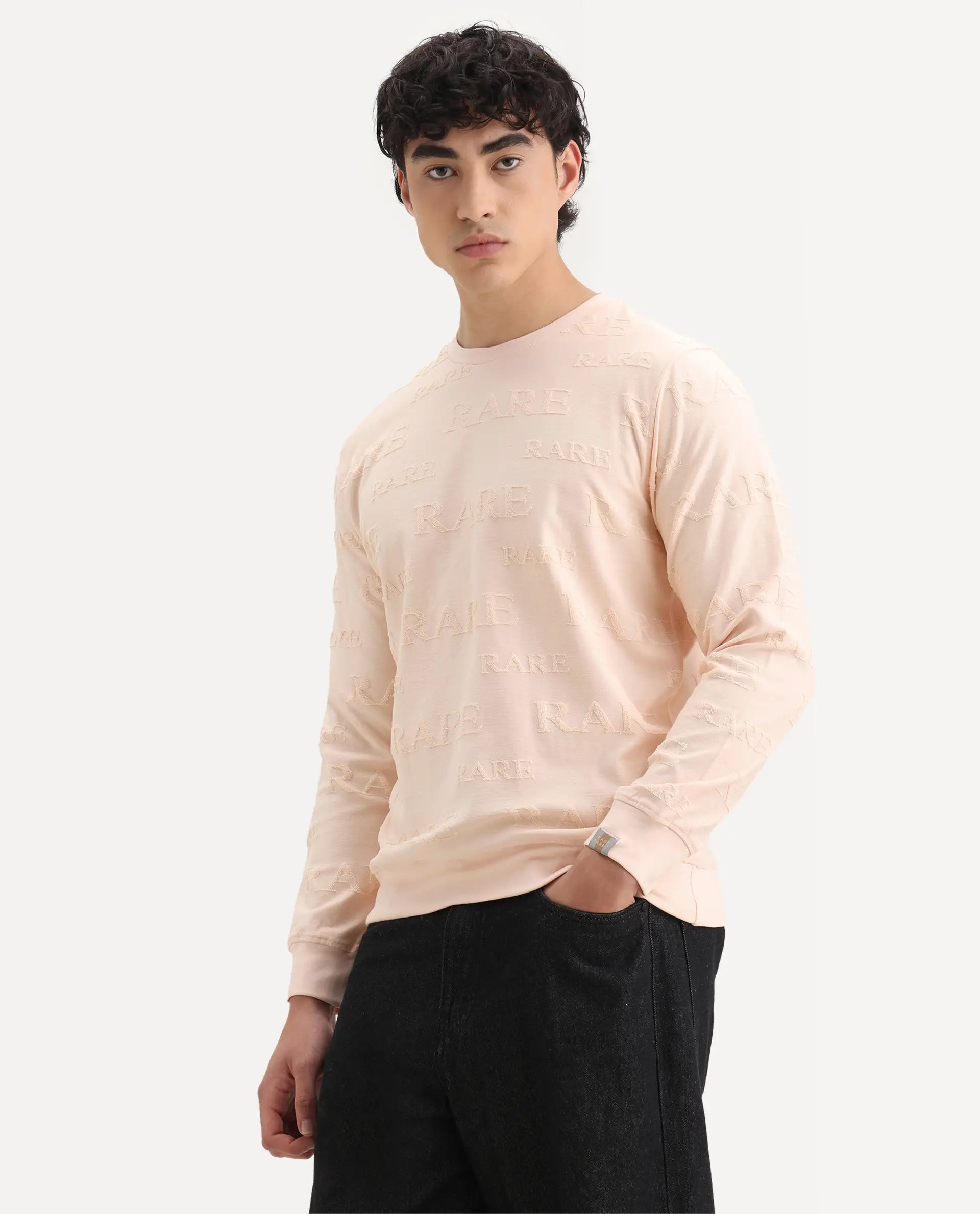Rare Rabbit Men's Malaga Peach Cotton Embroidered Regular Fit Full Sleeve Crew Neck Sweatshirt