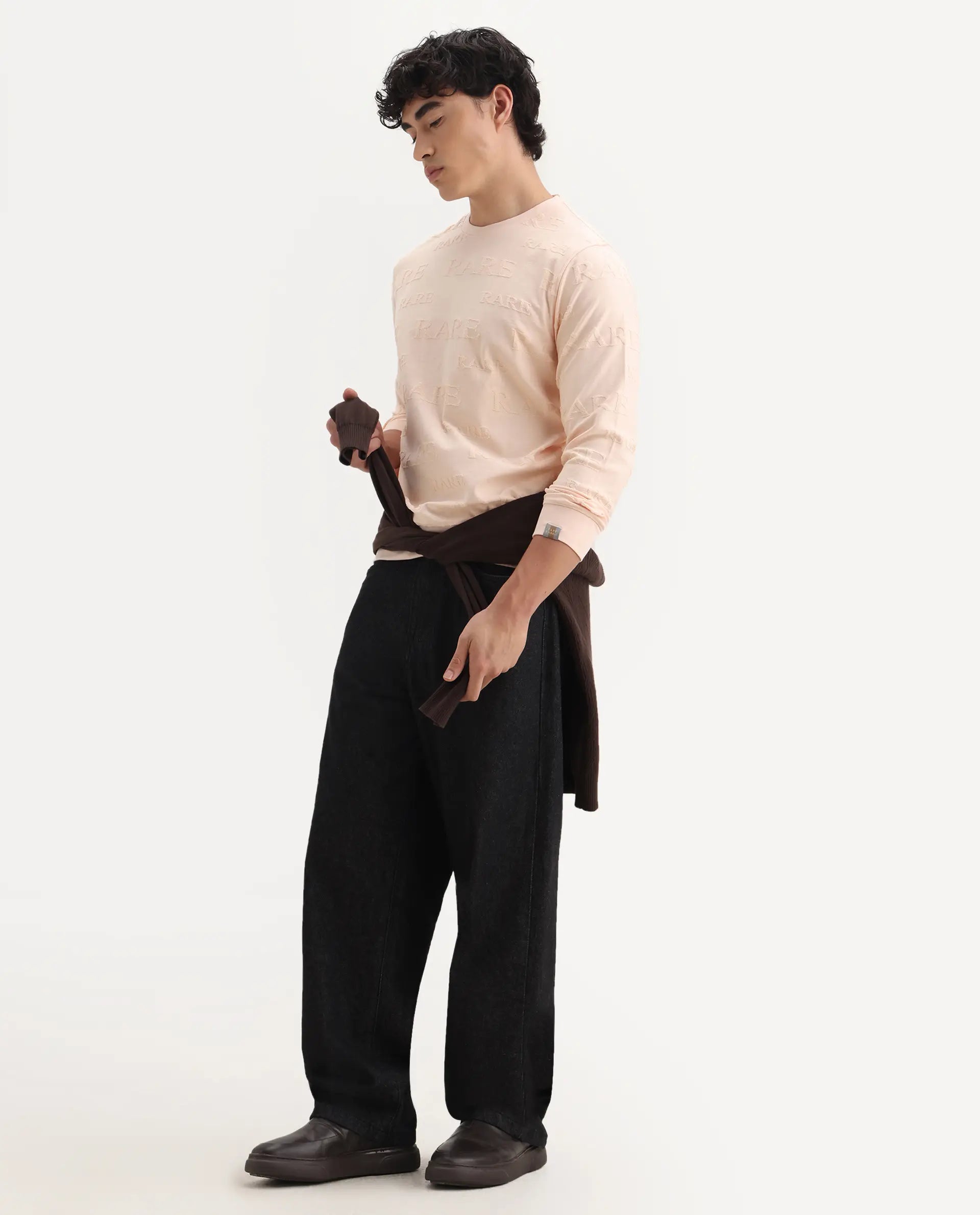 Rare Rabbit Men's Malaga Peach Cotton Embroidered Regular Fit Full Sleeve Crew Neck Sweatshirt