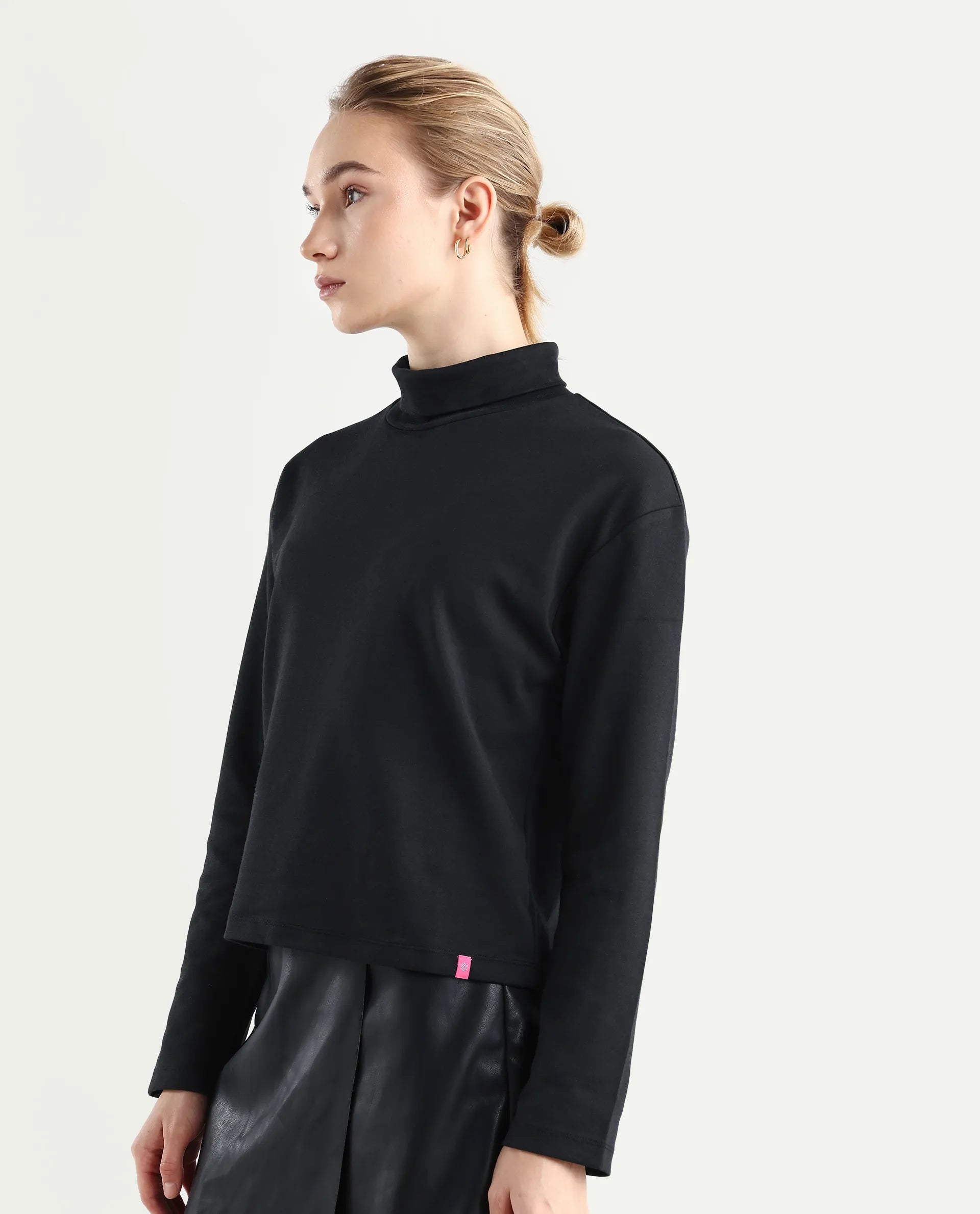 Rareism Women's Malatya Black Cotton Blend Polo Neck Plain Slim Fit Top