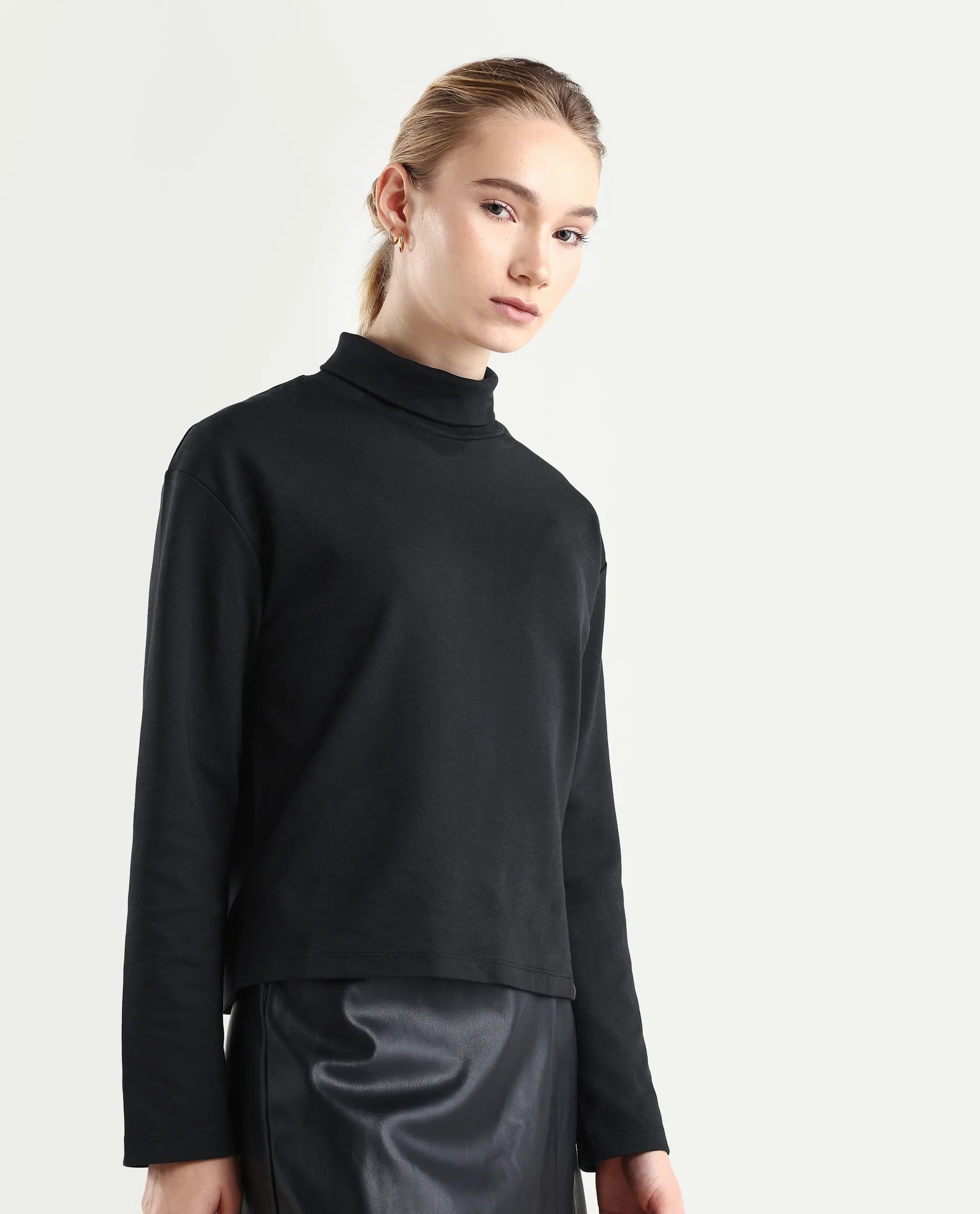 Rareism Women's Malatya Black Cotton Blend Polo Neck Plain Slim Fit Top