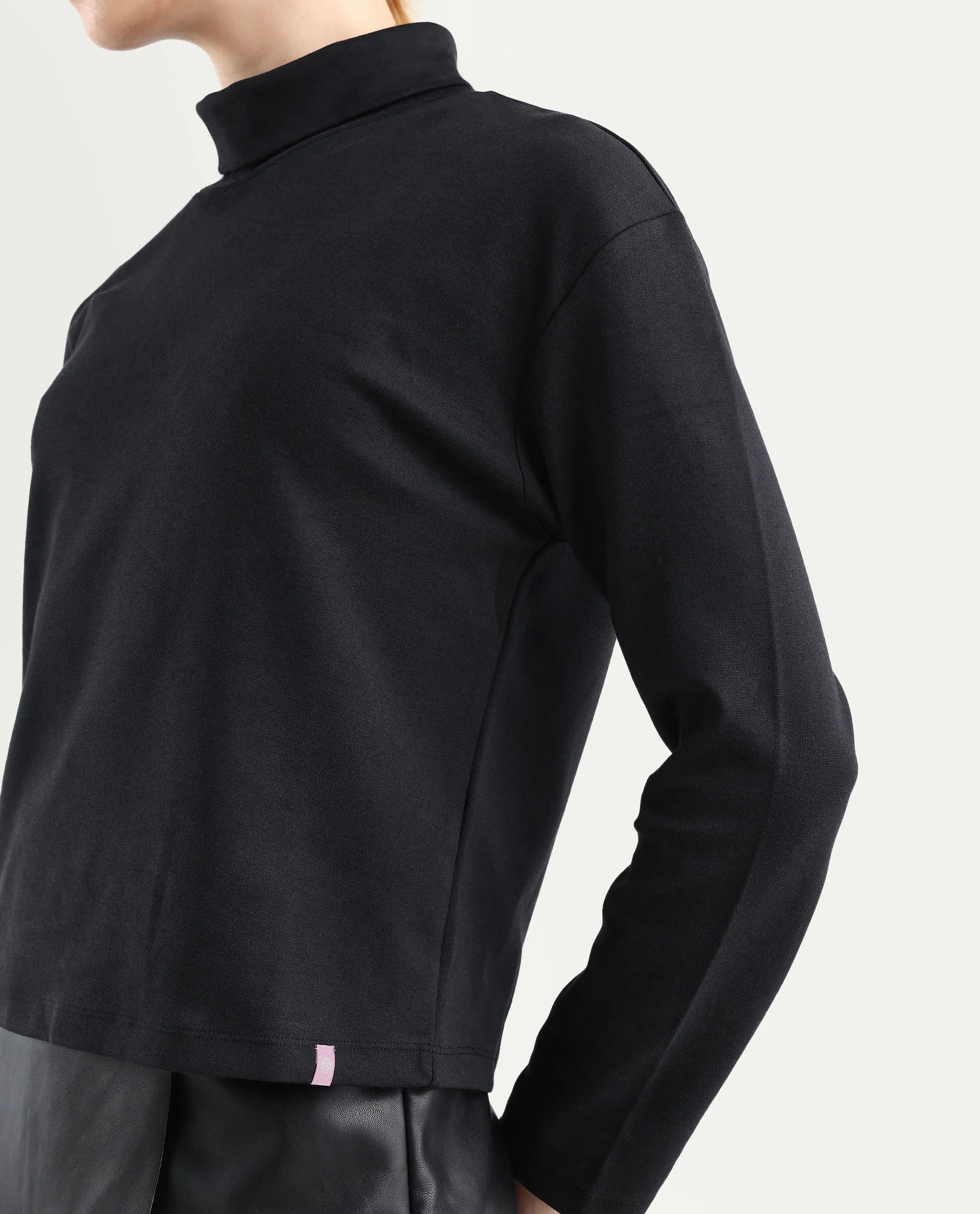 Rareism Women's Malatya Black Cotton Blend Polo Neck Plain Slim Fit Top