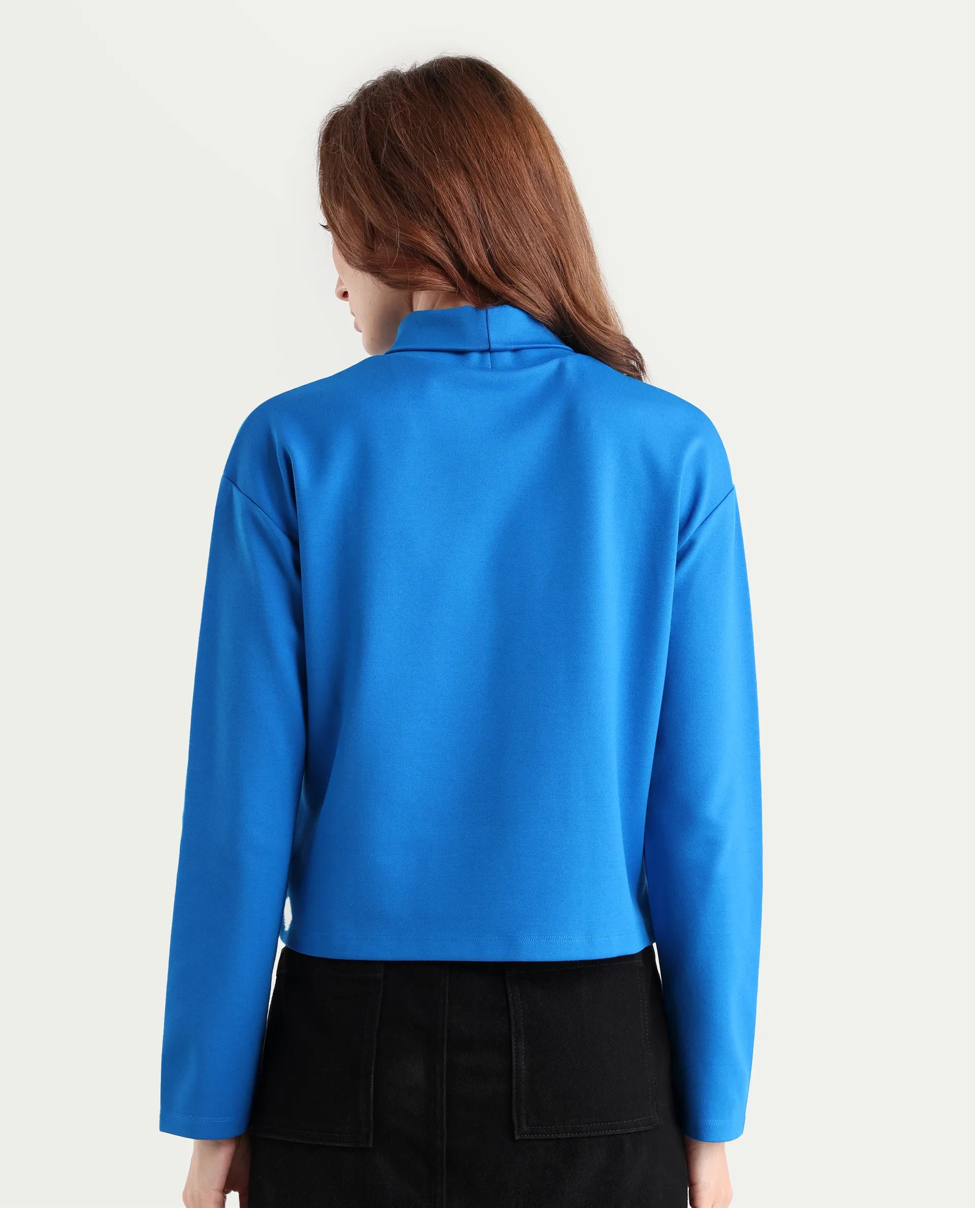 Rareism Women's Malatya Blue Cotton Polo Neck Plain Slim Fit Top