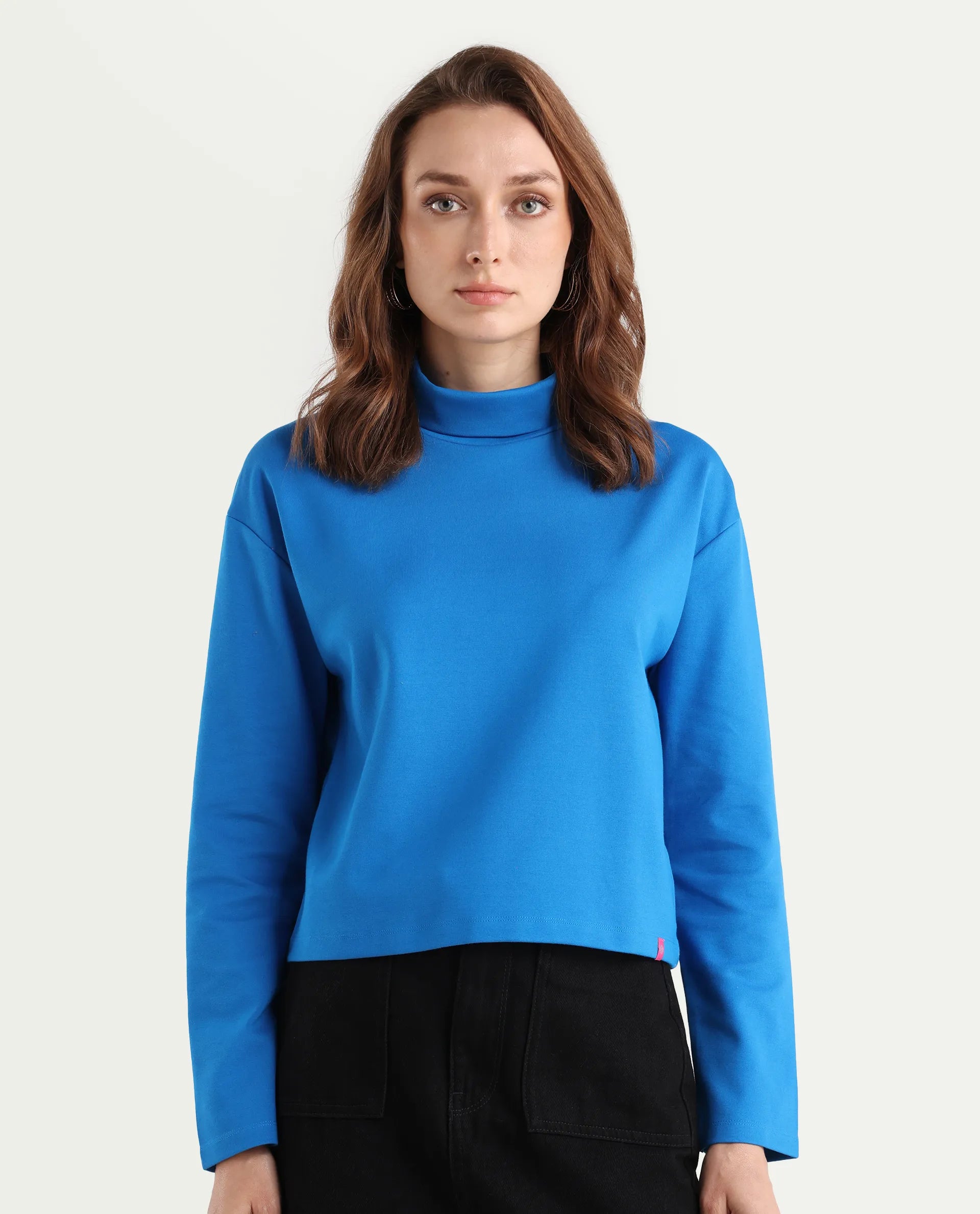 Rareism Women's Malatya Blue Cotton Polo Neck Plain Slim Fit Top