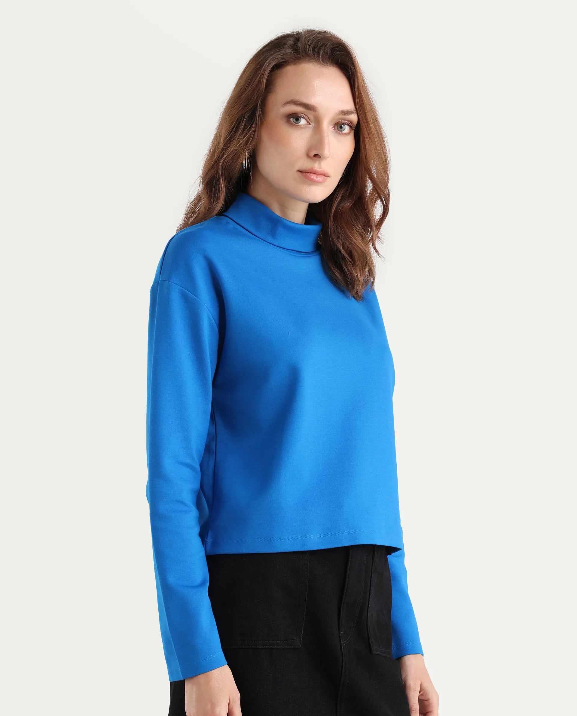 Rareism Women's Malatya Blue Cotton Polo Neck Plain Slim Fit Top