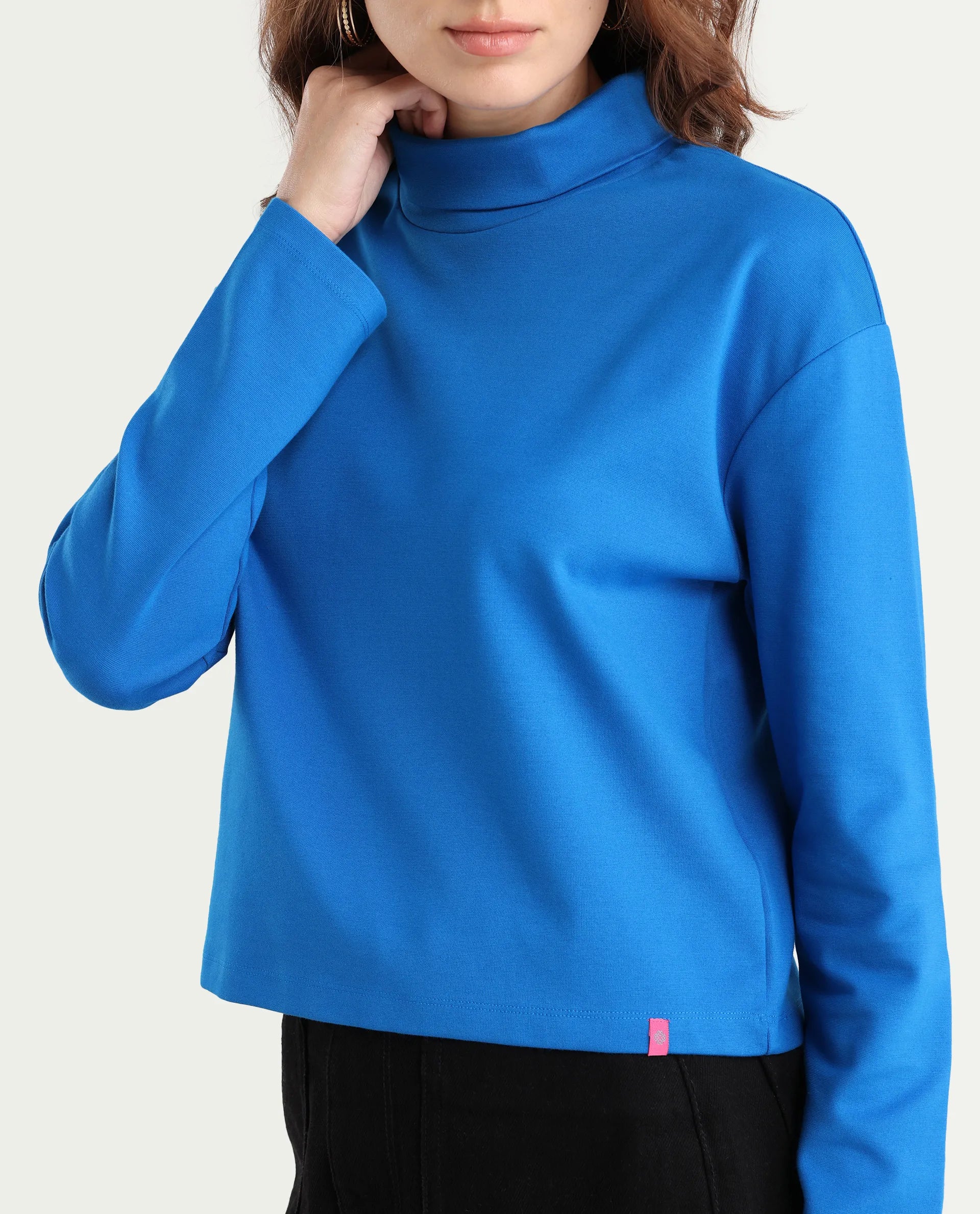Rareism Women's Malatya Blue Cotton Polo Neck Plain Slim Fit Top