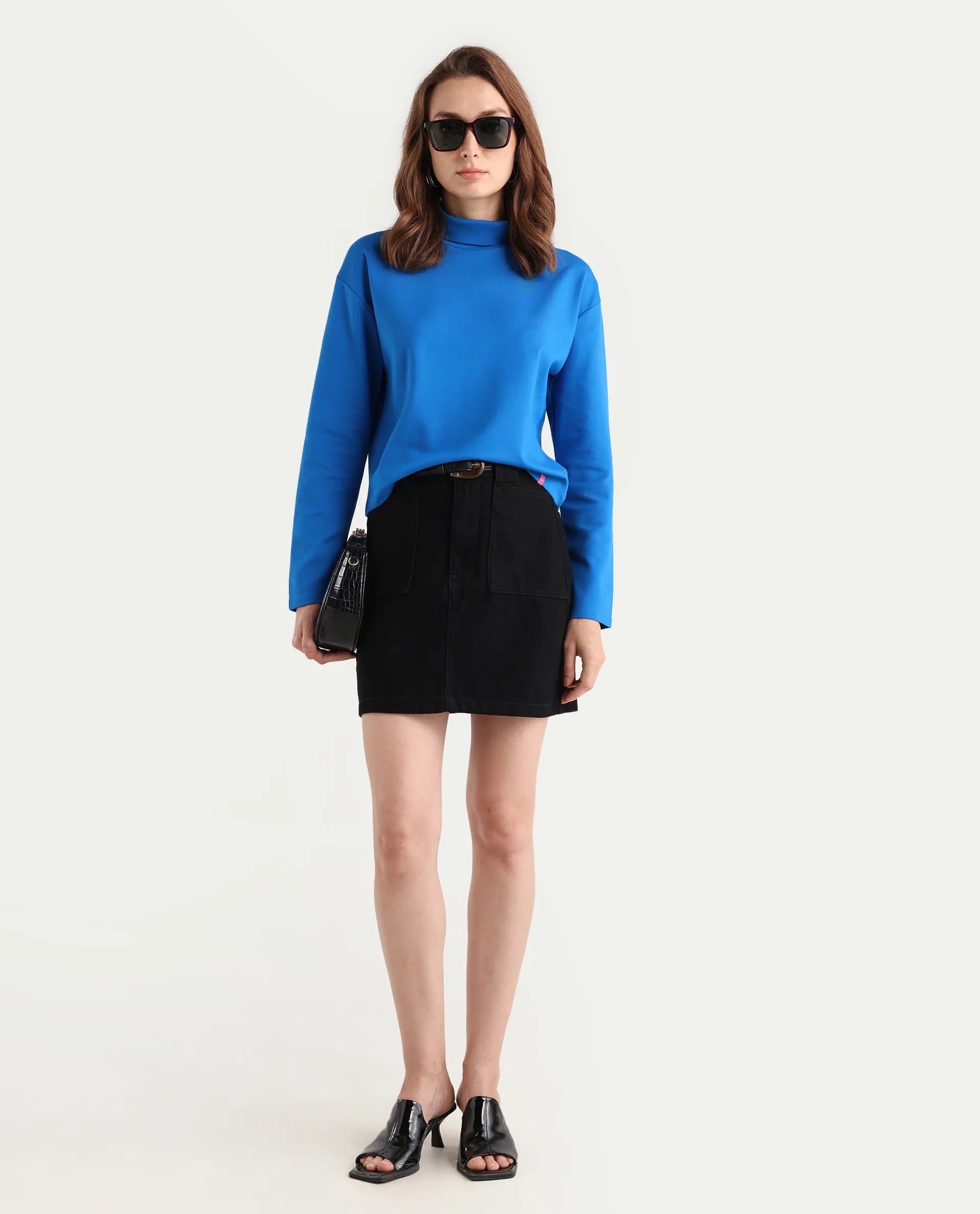 Rareism Women's Malatya Blue Cotton Polo Neck Plain Slim Fit Top