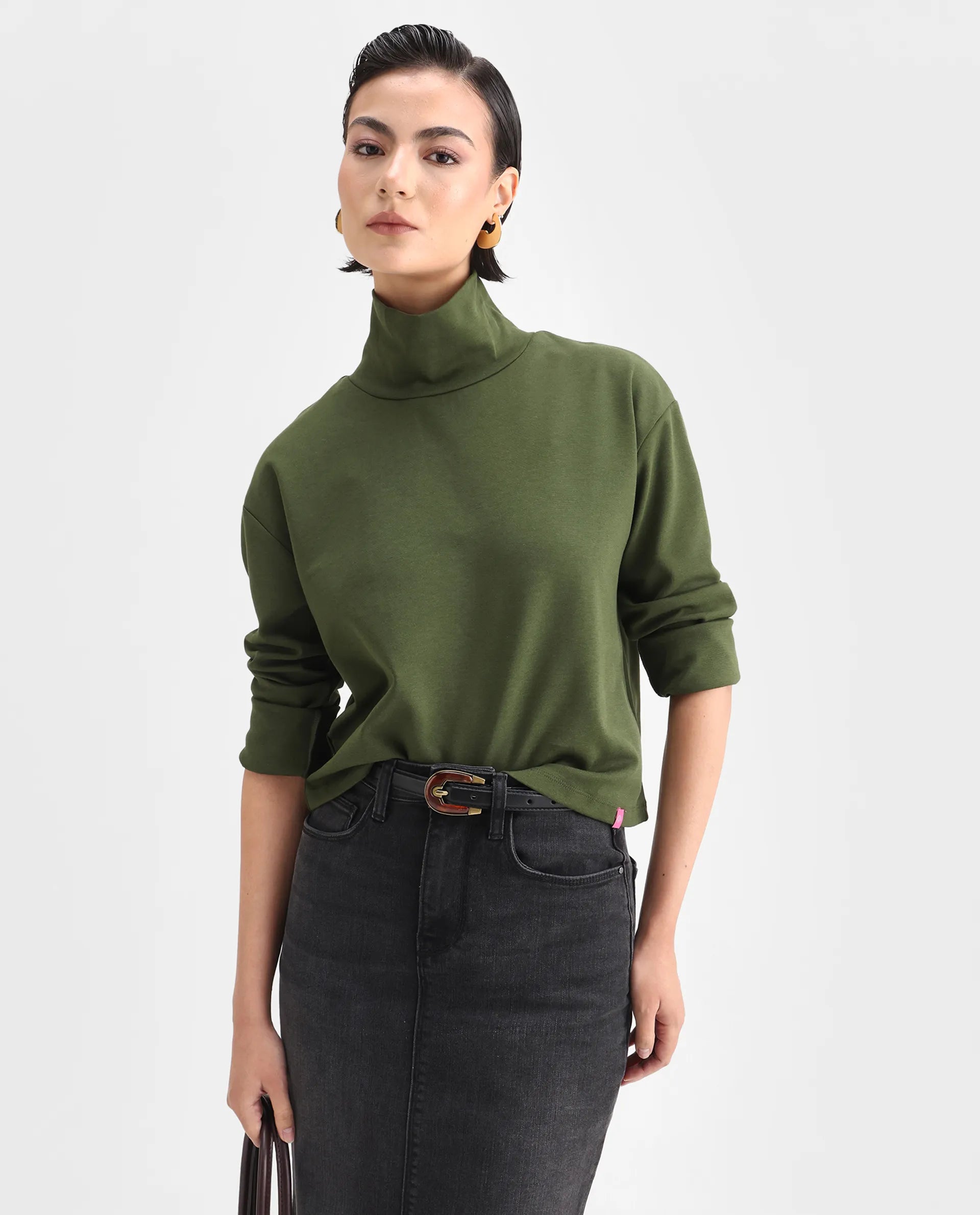 Rareism Women's Malatya Olive Cotton Blend Polo Neck Plain Slim Fit Top