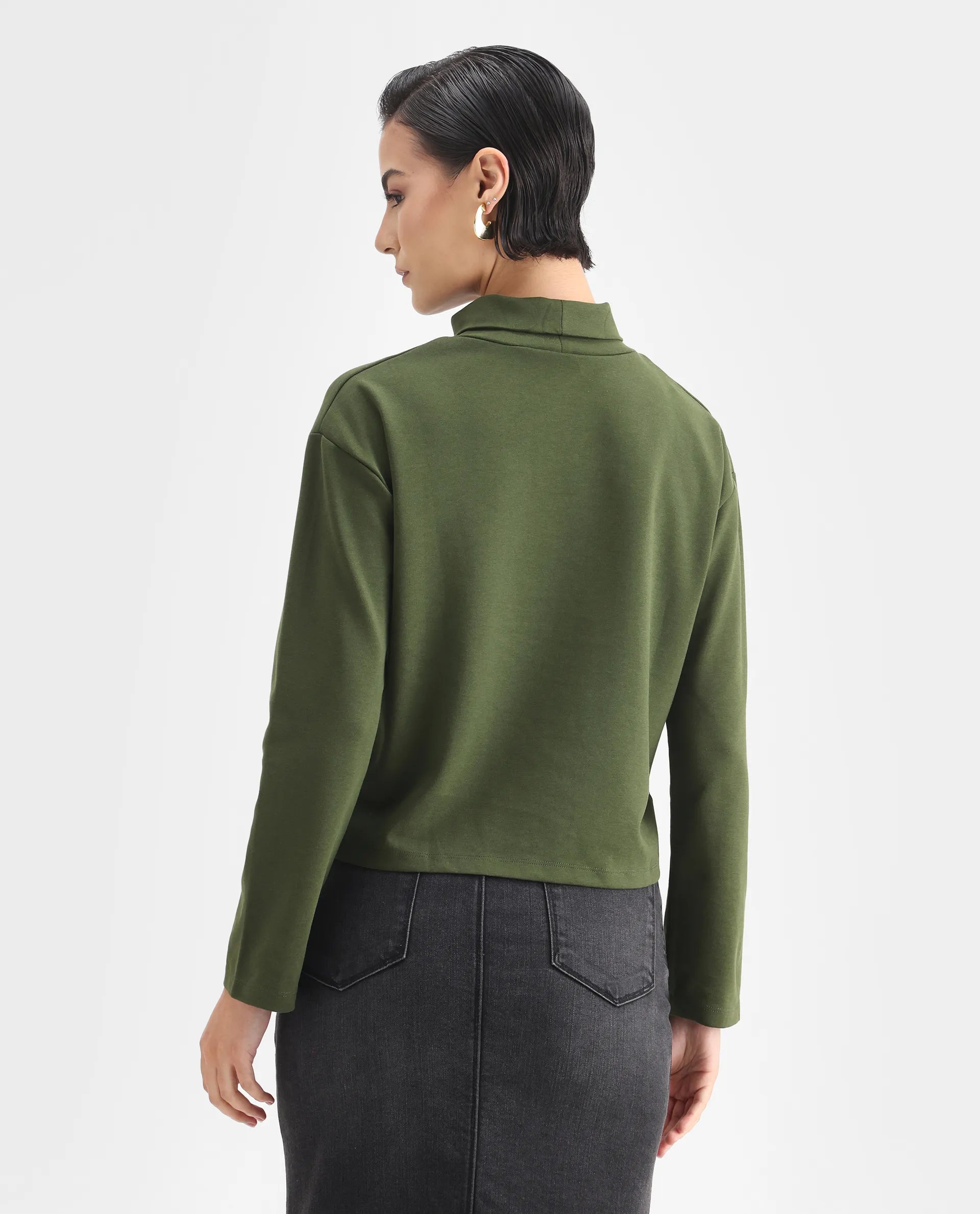 Rareism Women's Malatya Olive Cotton Blend Polo Neck Plain Slim Fit Top