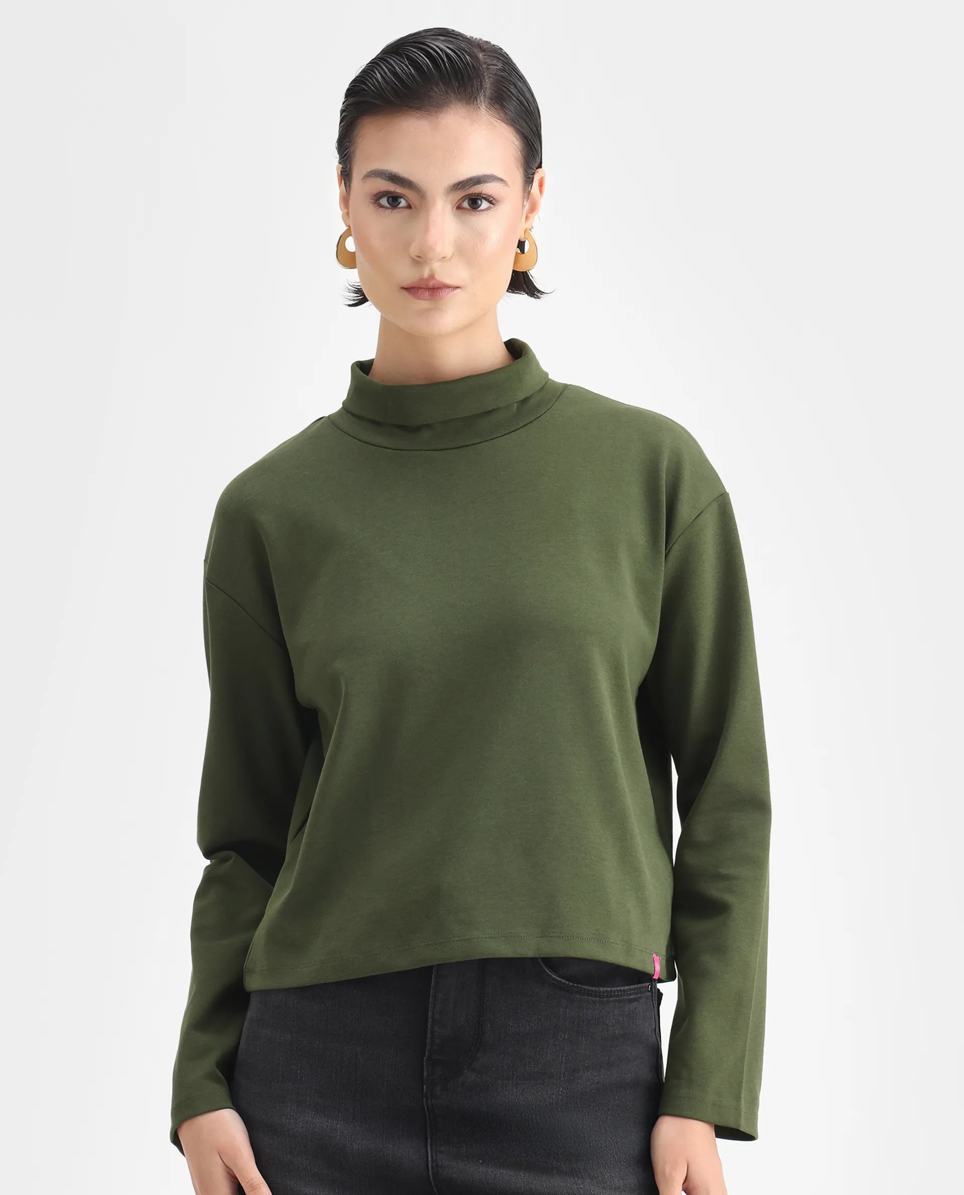 Rareism Women's Malatya Olive Cotton Blend Polo Neck Plain Slim Fit Top