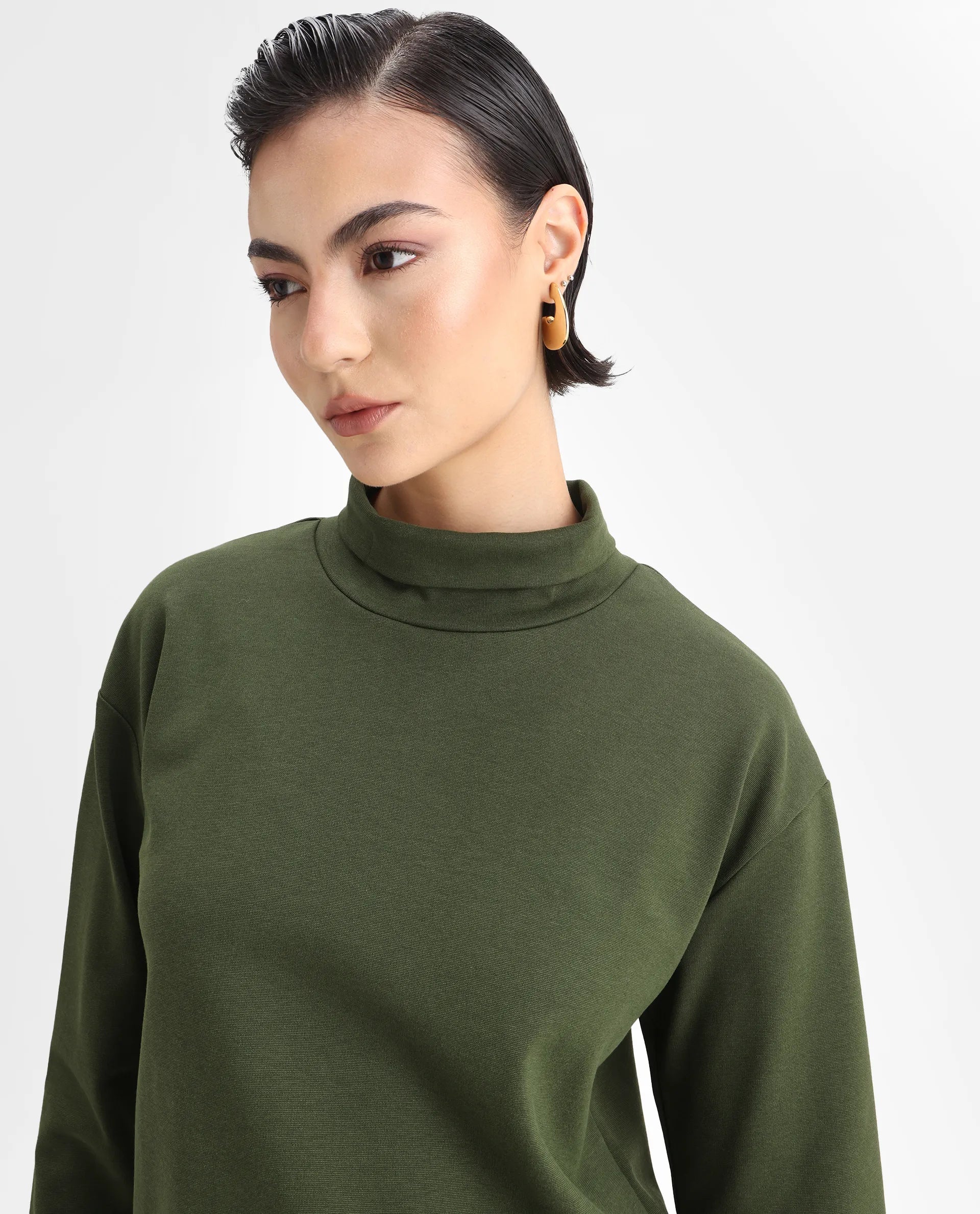 Rareism Women's Malatya Olive Cotton Blend Polo Neck Plain Slim Fit Top