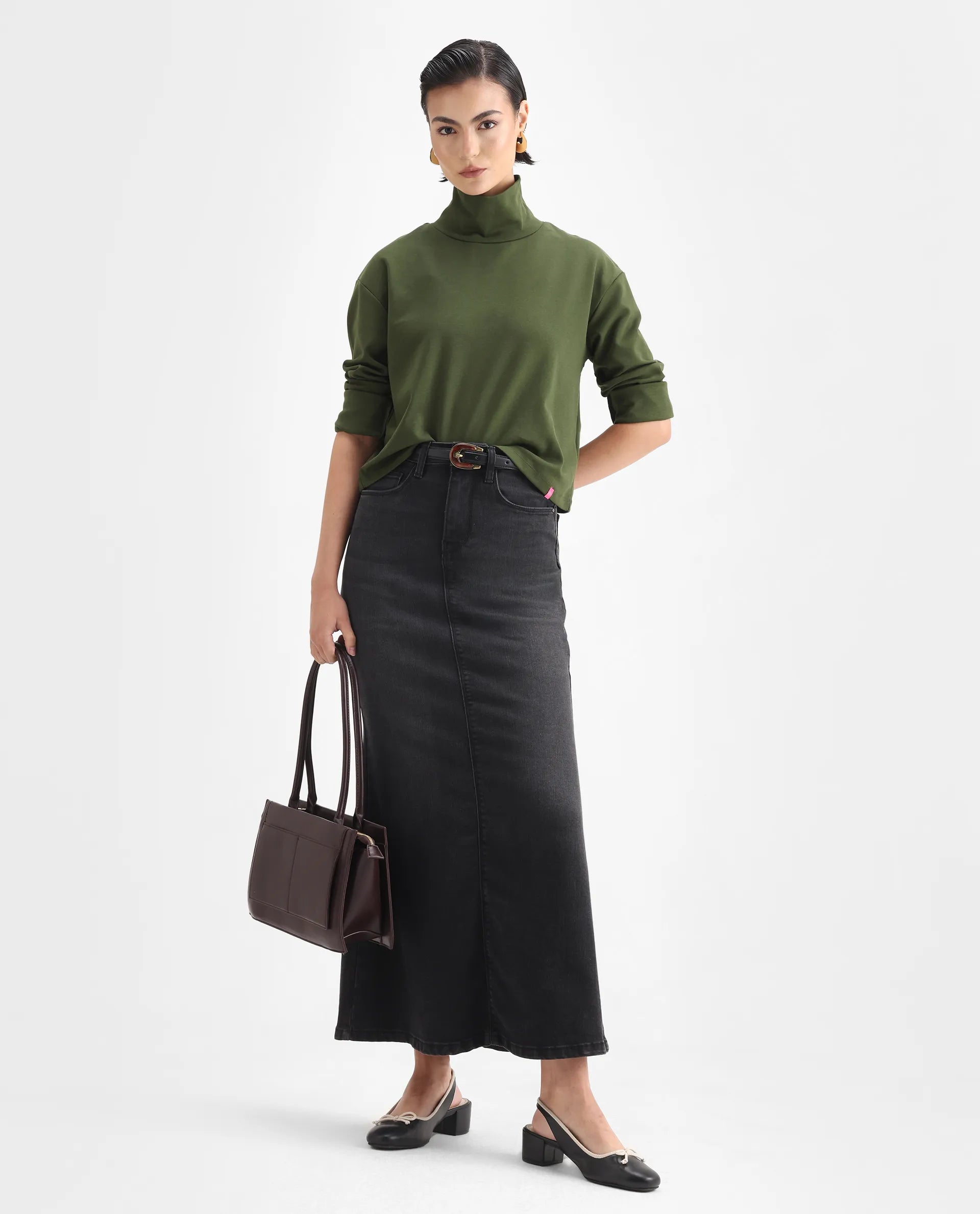 Rareism Women's Malatya Olive Cotton Blend Polo Neck Plain Slim Fit Top