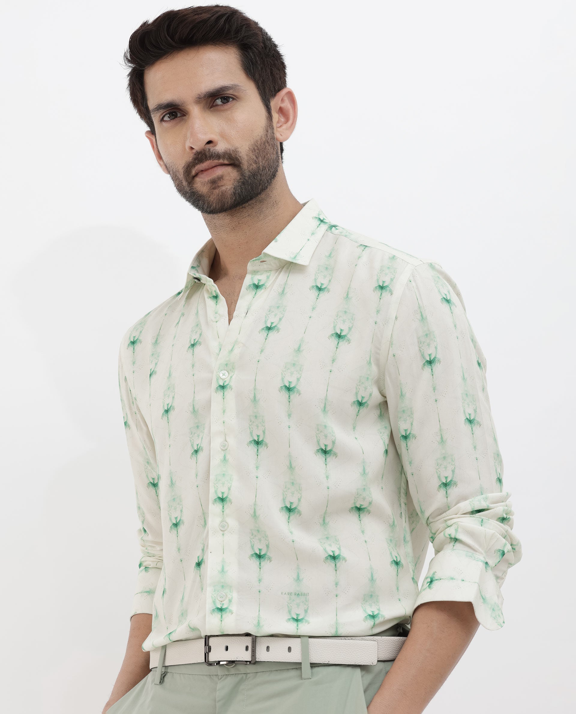 Rare Rabbit Men's Mallard Light Green Viscose Fabric Full Sleeves Abstract Print Shirt