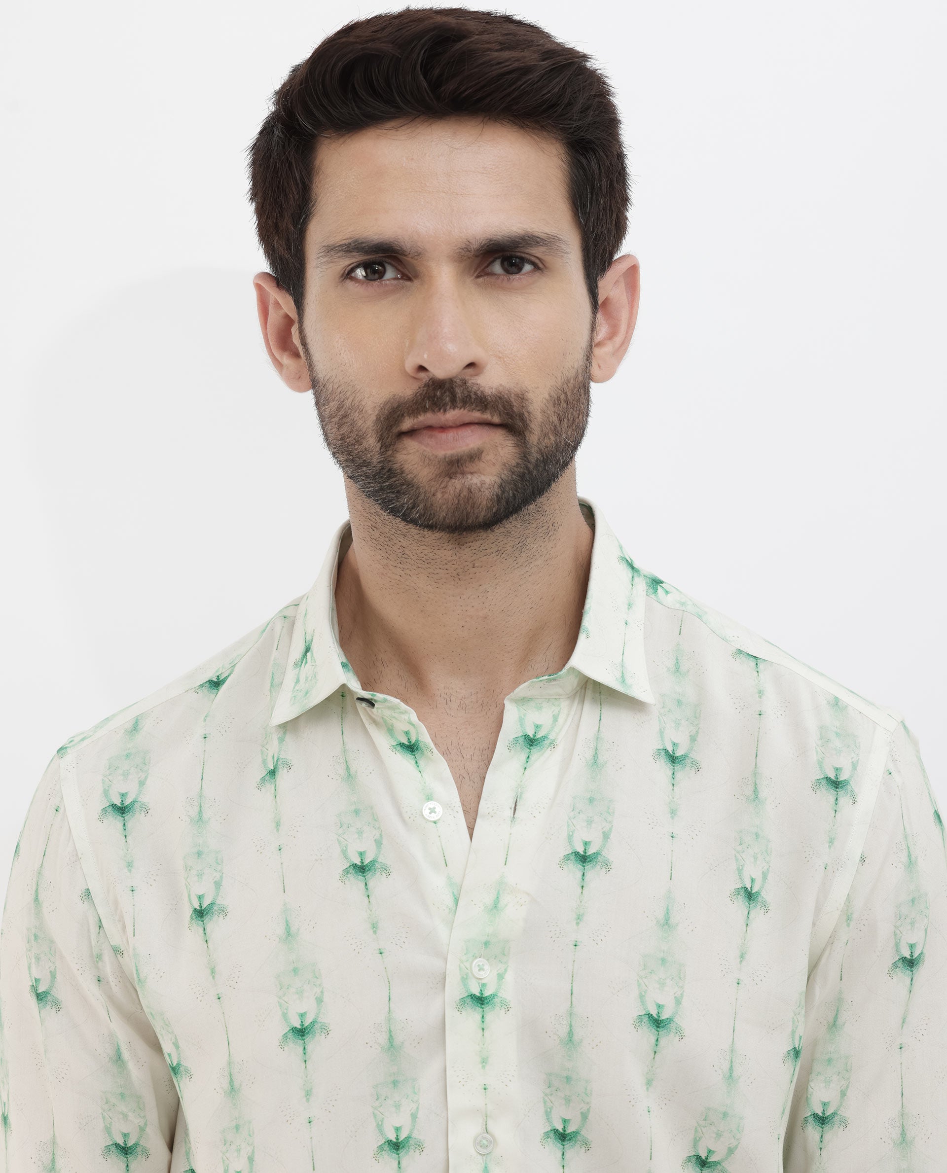 Rare Rabbit Men's Mallard Light Green Viscose Fabric Full Sleeves Abstract Print Shirt