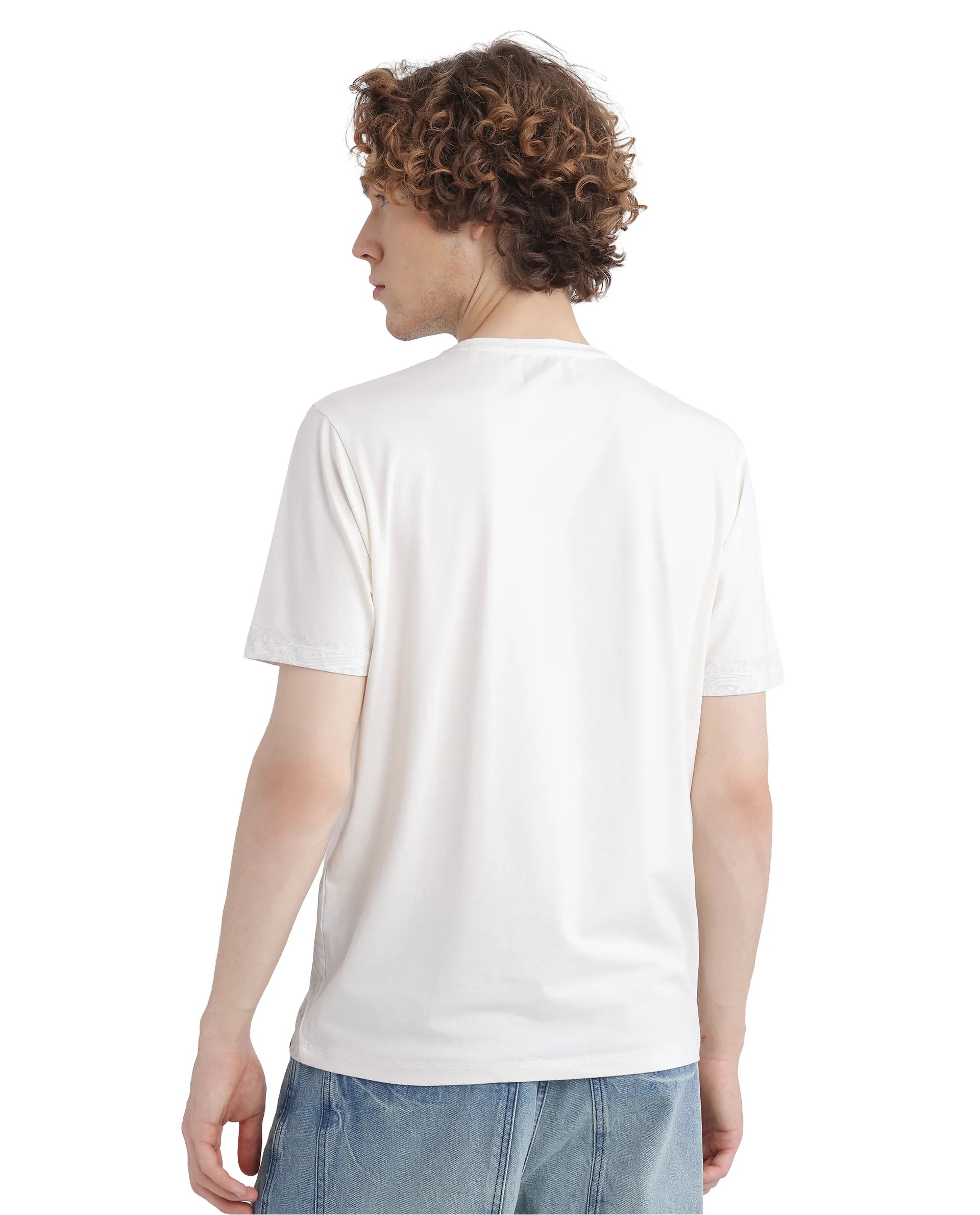 Rare Rabbit Men's Malon Off White Cotton Fabric Half Sleeve Crew Neck Regular Fit Paisley Print T-Shirt