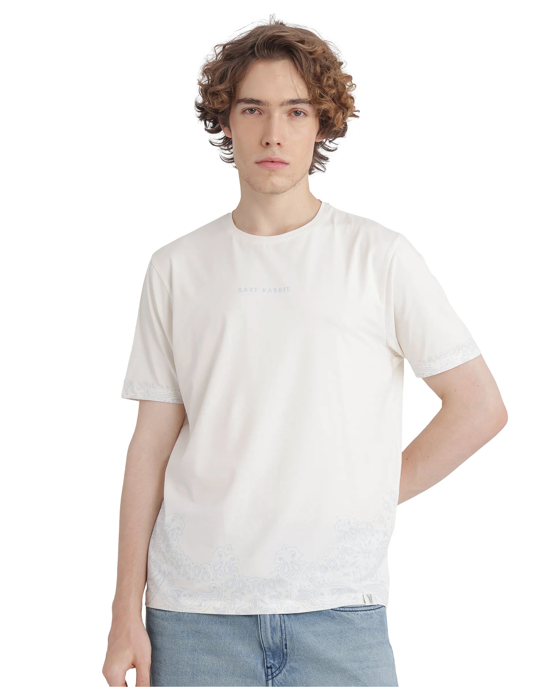 Rare Rabbit Men's Malon Off White Cotton Fabric Half Sleeve Crew Neck Regular Fit Paisley Print T-Shirt