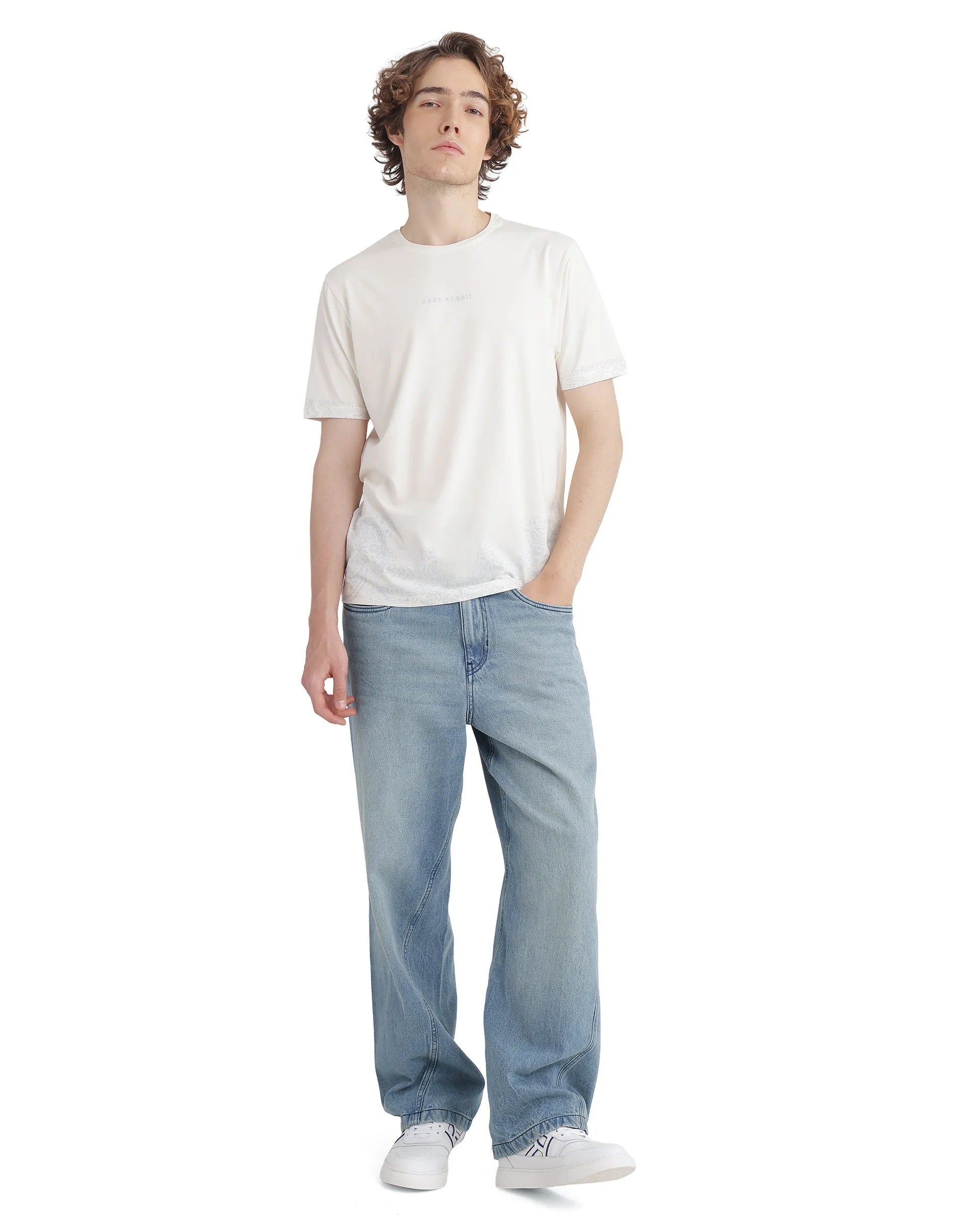 Rare Rabbit Men's Malon Off White Cotton Fabric Half Sleeve Crew Neck Regular Fit Paisley Print T-Shirt