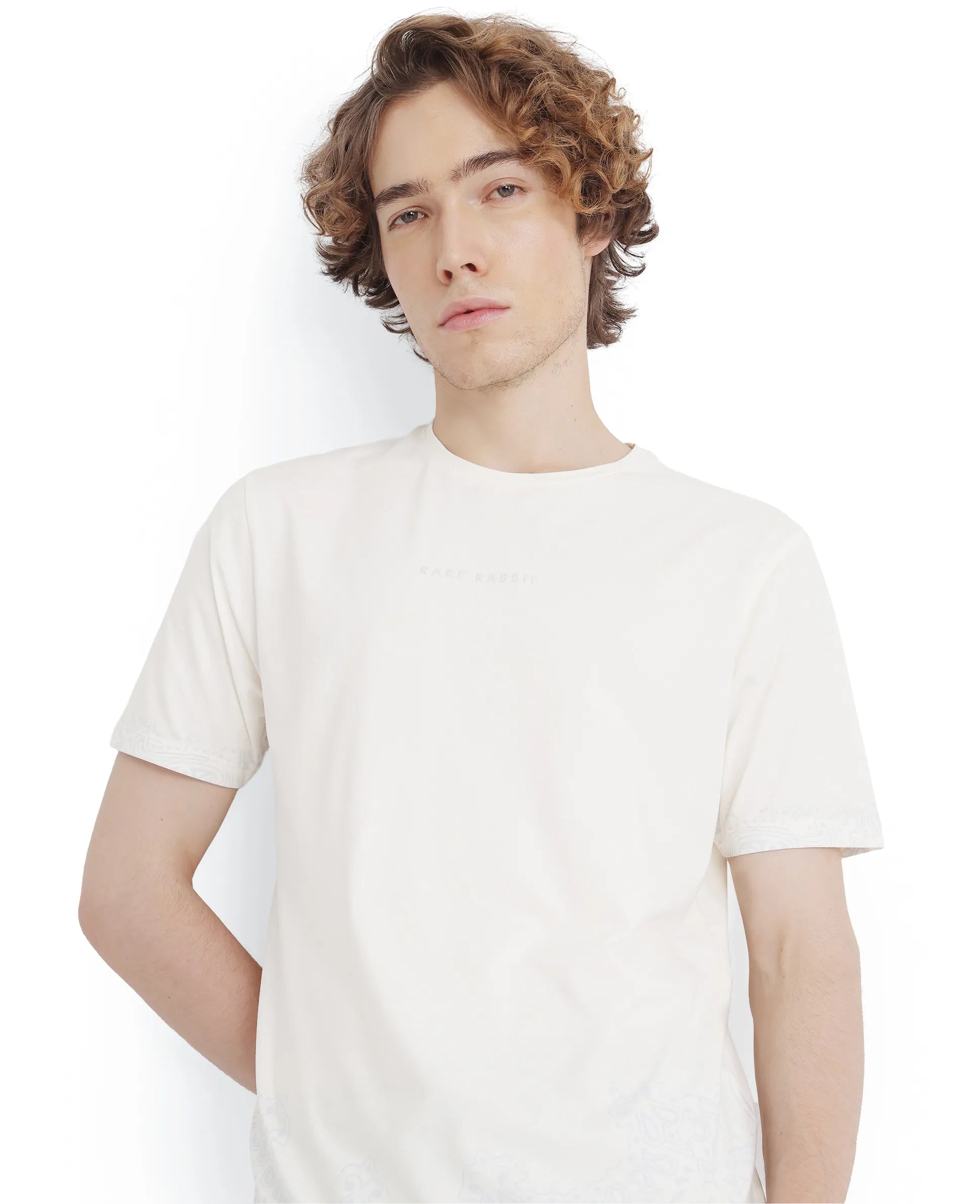 Rare Rabbit Men's Malon Off White Cotton Fabric Half Sleeve Crew Neck Regular Fit Paisley Print T-Shirt