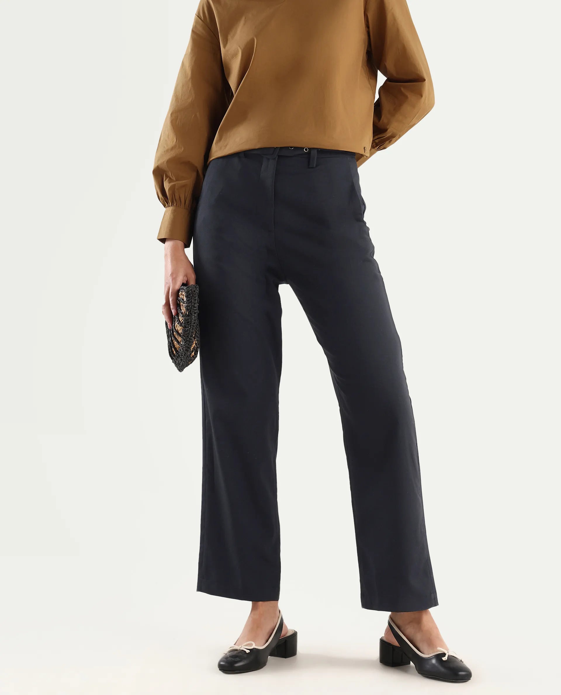 Rareism Women's Mals - Blue Polyester Blend Plain Ankle Length Tapered Trouser