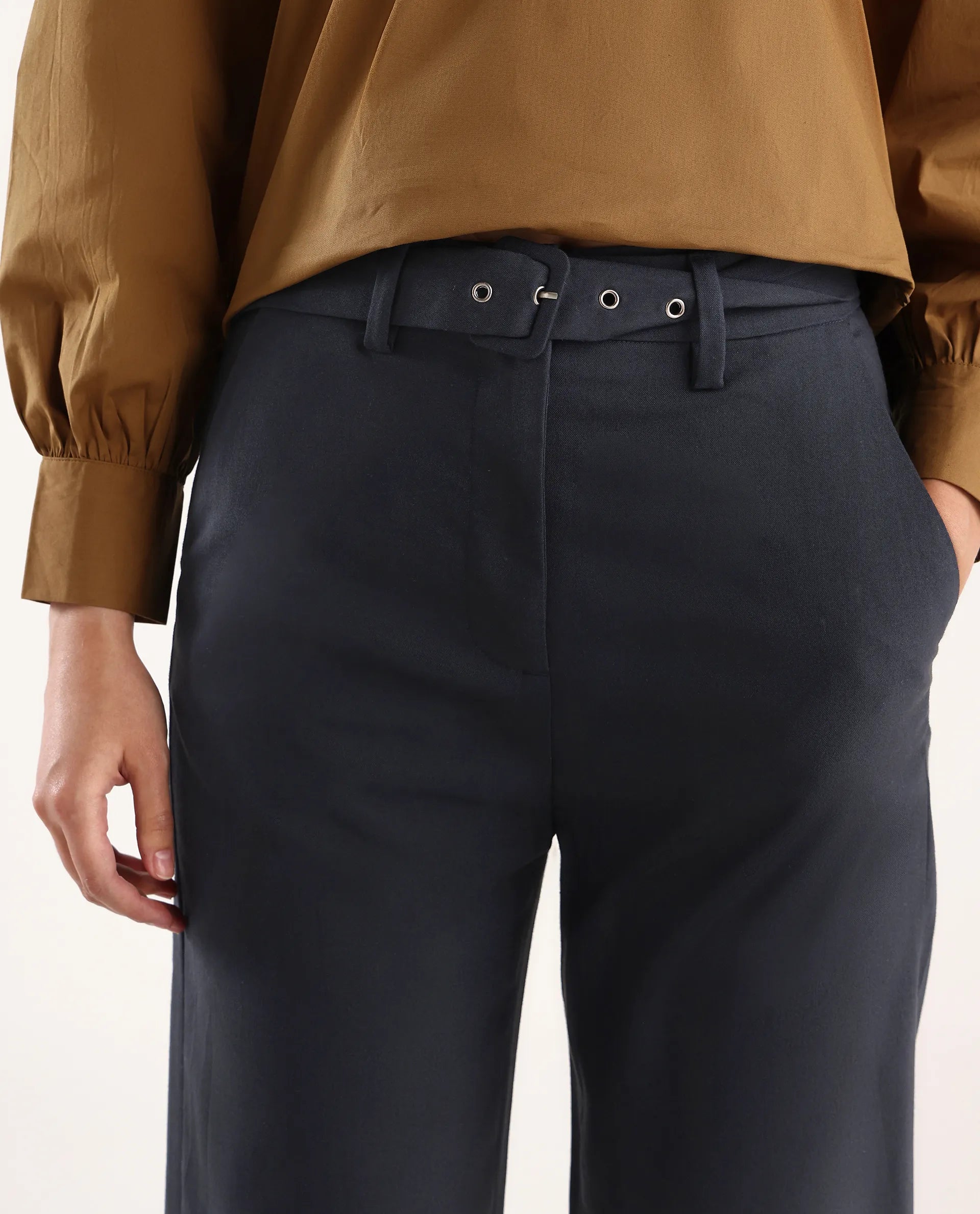 Rareism Women's Mals - Blue Polyester Blend Plain Ankle Length Tapered Trouser