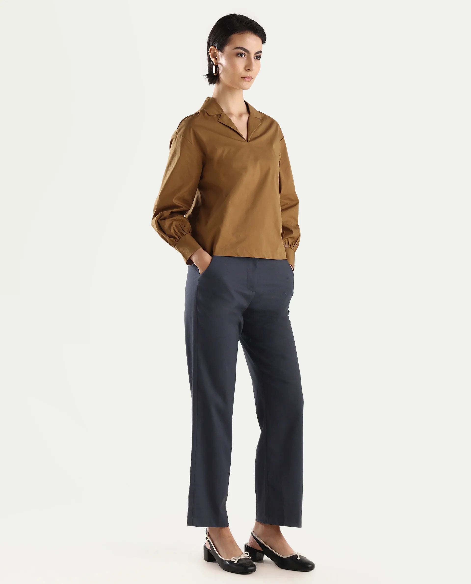 Rareism Women's Mals - Blue Polyester Blend Plain Ankle Length Tapered Trouser