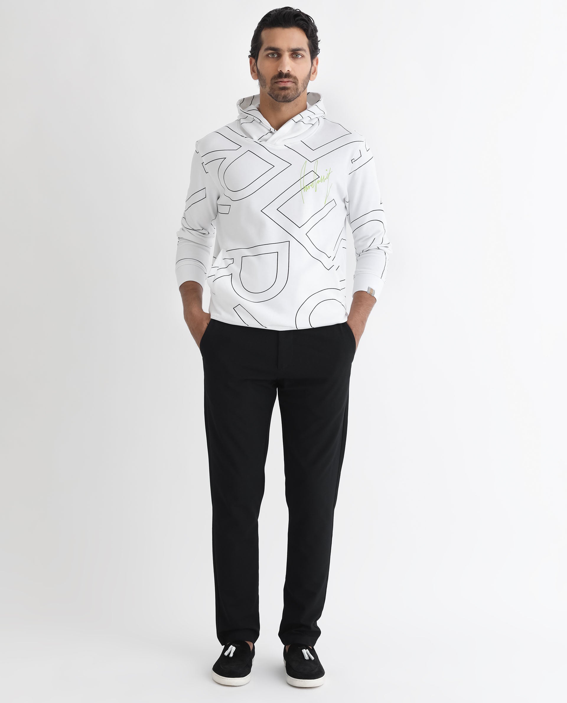 Rare Rabbit Mens Mamoth White Sweatshirt Cotton Polyester Terry Fabric Hooded Neck Knitted Full Sleeves Comfortable Fit