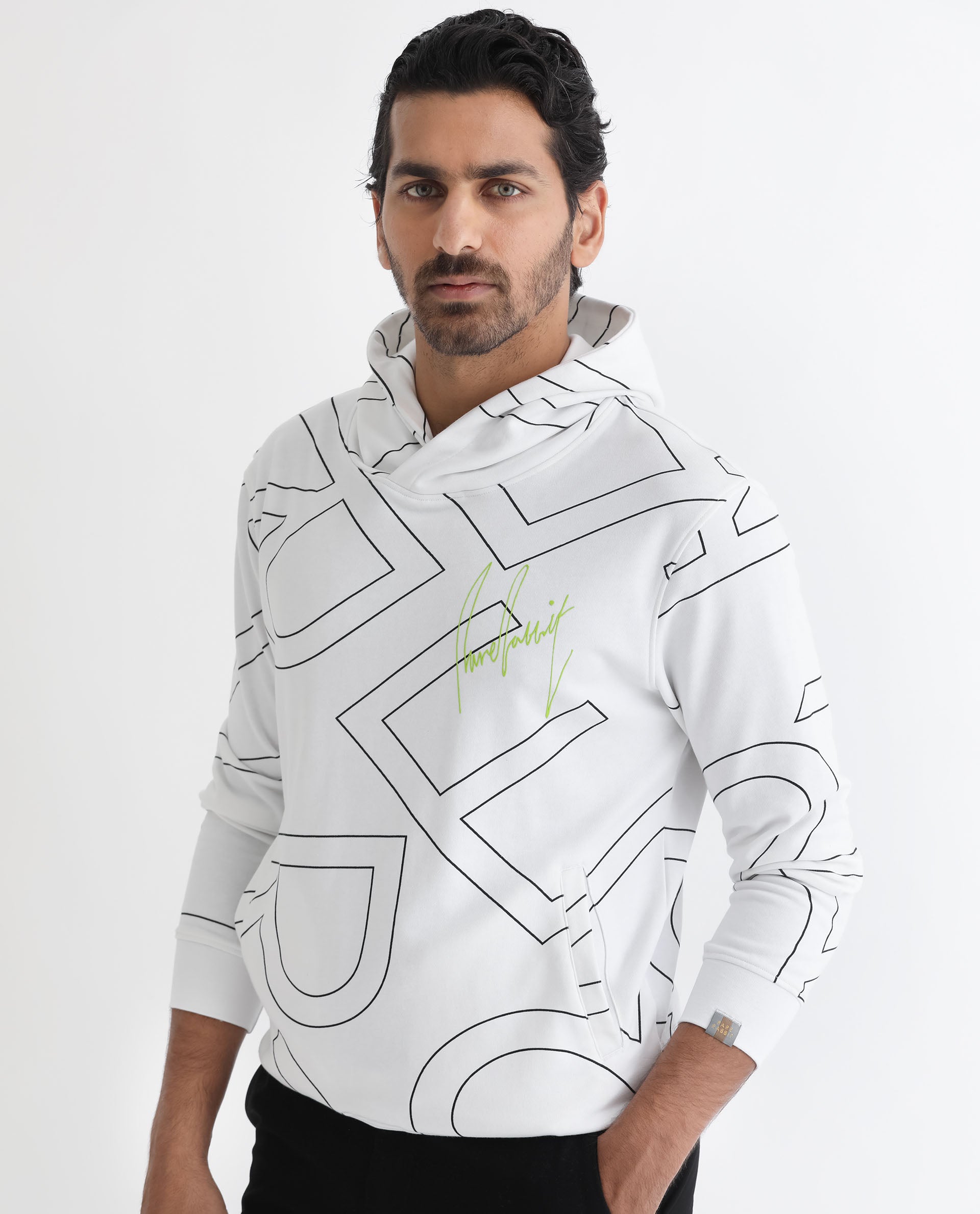 Rare Rabbit Mens Mamoth White Sweatshirt Cotton Polyester Terry Fabric Hooded Neck Knitted Full Sleeves Comfortable Fit