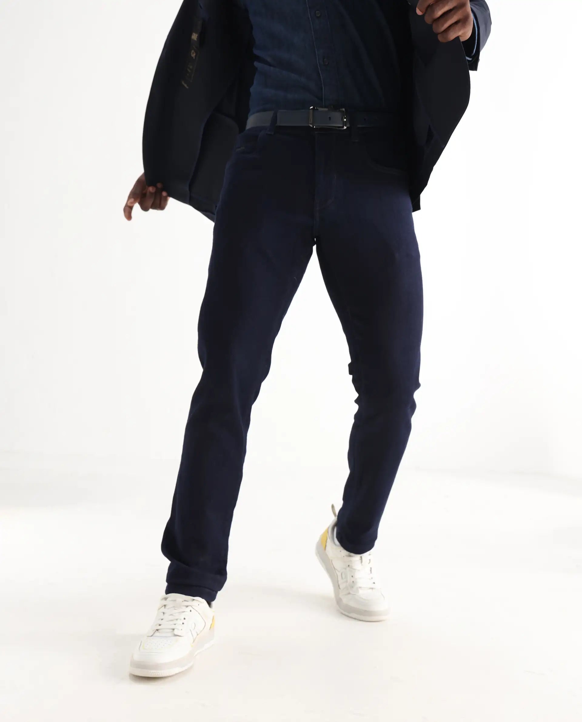 Rare Rabbit Men's Manado Dark Navy Cotton Blend Plain Hawk Slim Fit Jeans