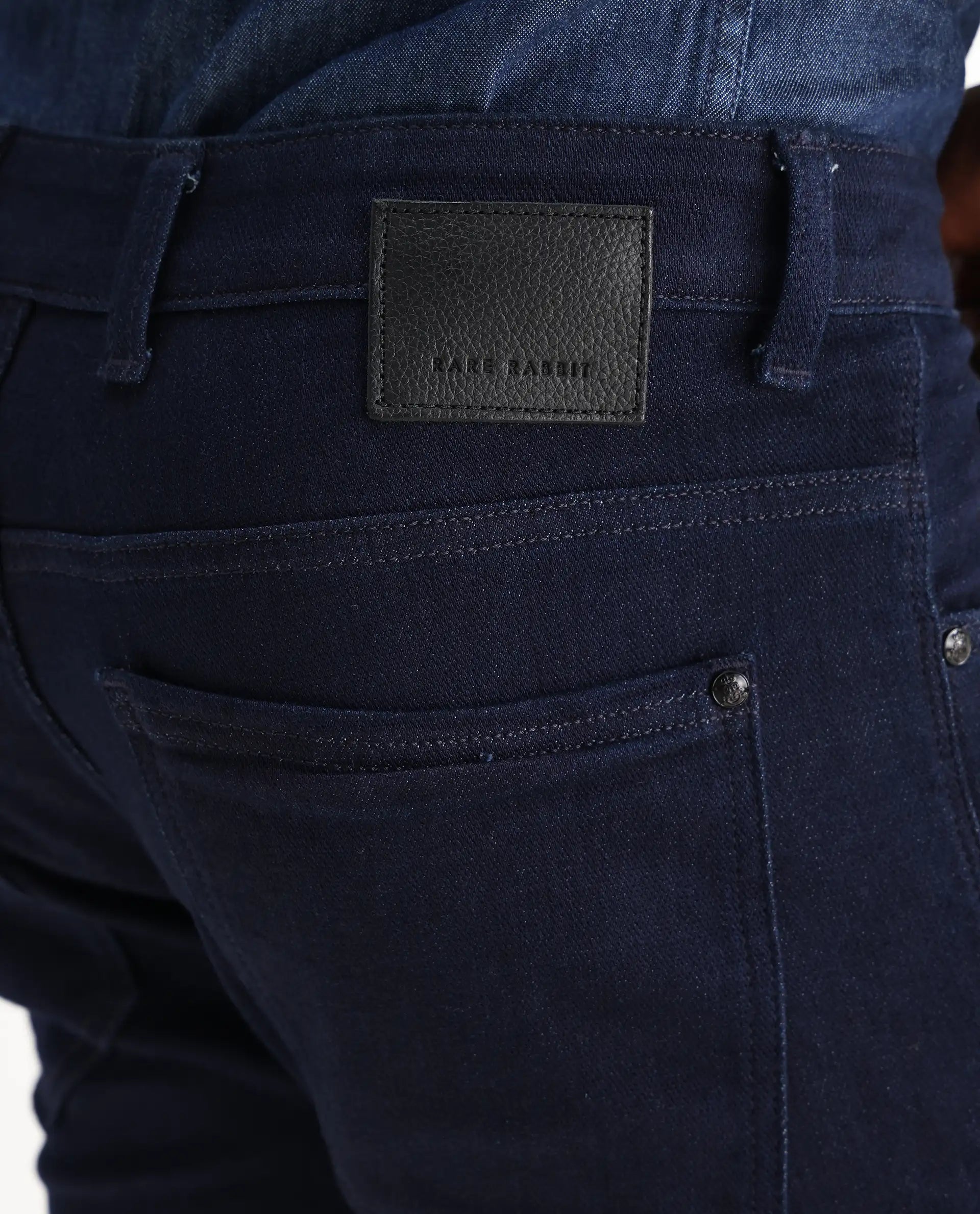 Rare Rabbit Men's Manado Dark Navy Cotton Blend Plain Hawk Slim Fit Jeans