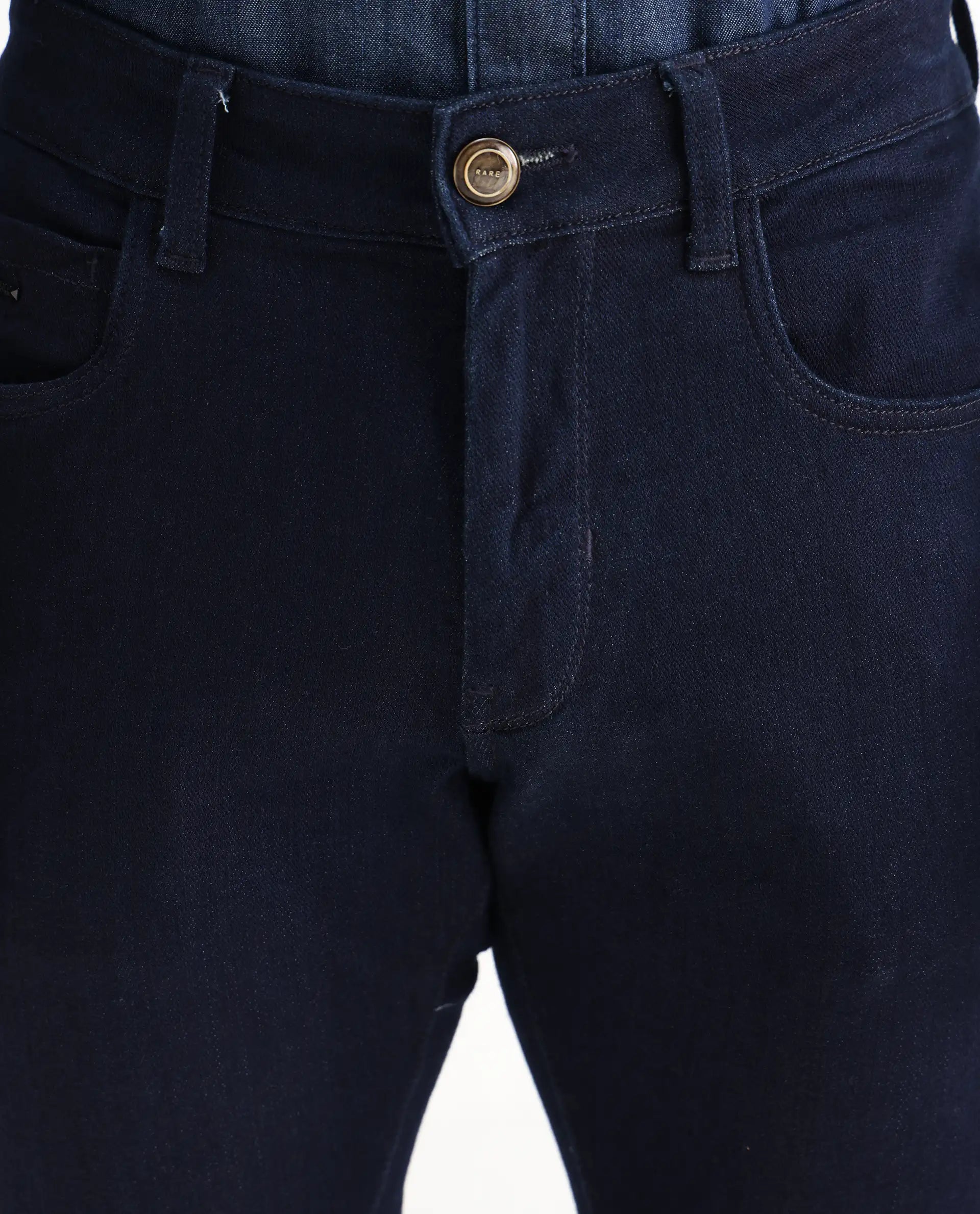 Rare Rabbit Men's Manado Dark Navy Cotton Blend Plain Hawk Slim Fit Jeans