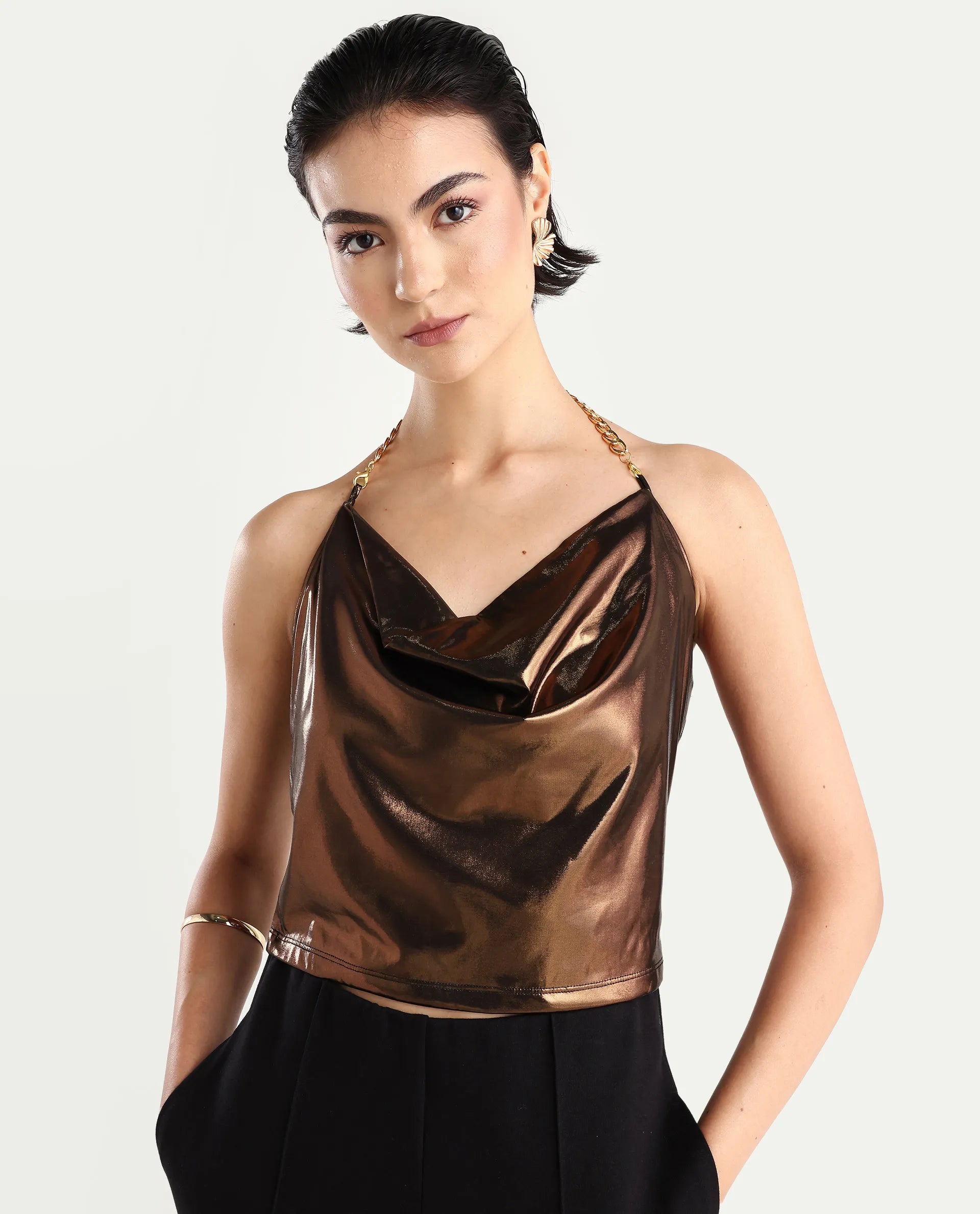 Rareism Women's Manda Metallic Brown Polyester Cowl Neck Plain Sleeveless Crop Fitted Top